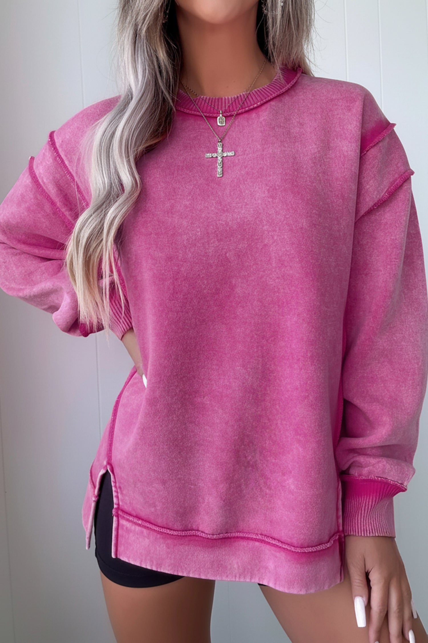 Rose Red Mineral Wash Exposed Seam Side Slit Sweatshirt-Tops/Sweatshirts & Hoodies-[Adult]-[Female]-Rose Red-S-2022 Online Blue Zone Planet