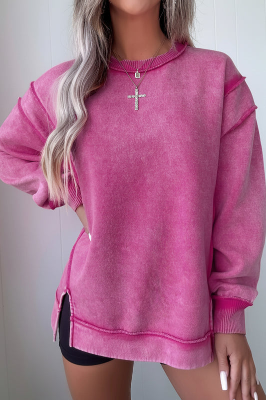 Rose Red Mineral Wash Exposed Seam Side Slit Sweatshirt-Tops/Sweatshirts & Hoodies-[Adult]-[Female]-Rose Red-S-2022 Online Blue Zone Planet