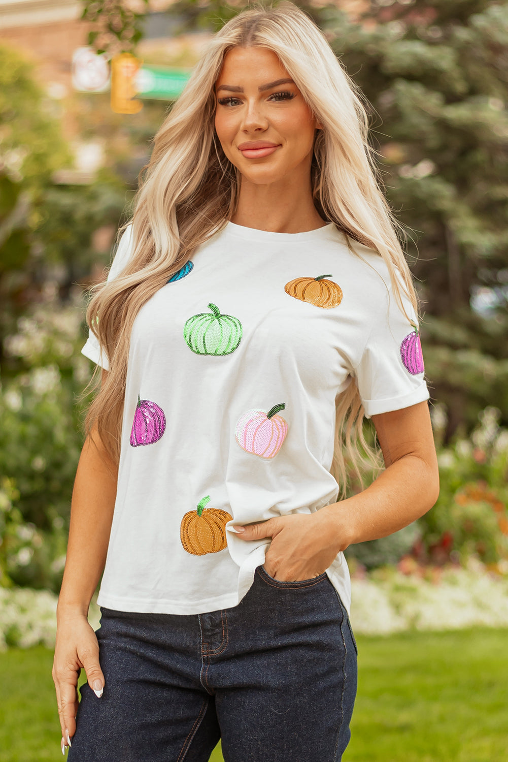 White Sequin Pumpkin Patched Cotton Blend T Shirt-Graphic/Graphic Tees-[Adult]-[Female]-2022 Online Blue Zone Planet