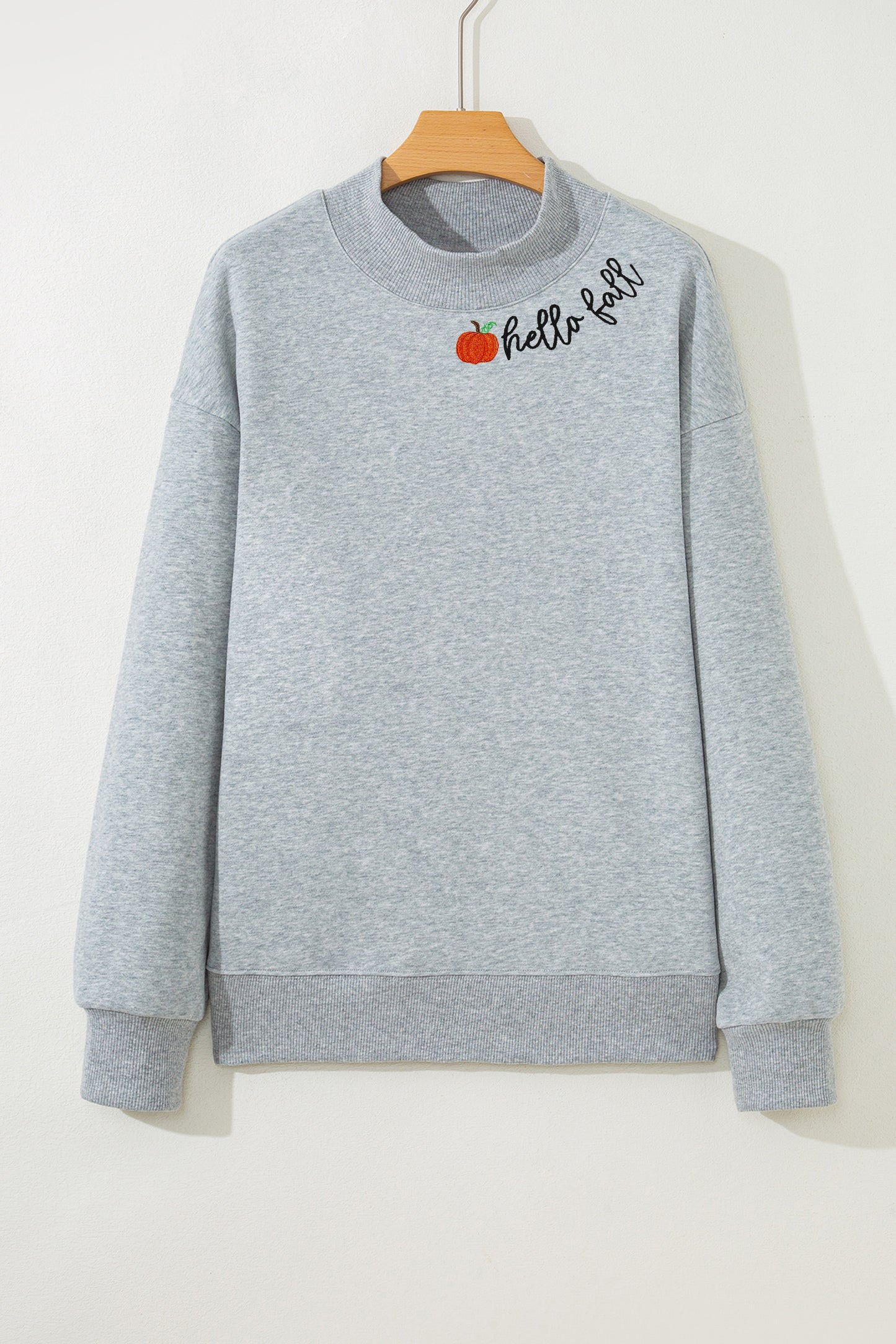 Gray hello fall Embroidered Pumpkin Detail Mock Neck Sweatshirt-Graphic/Graphic Sweatshirts-[Adult]-[Female]-2022 Online Blue Zone Planet