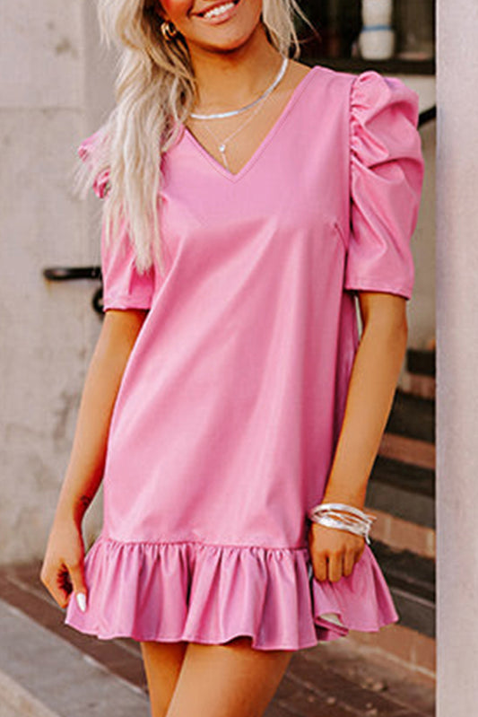 Sachet Pink Pleather Bubble Short Sleeve V Neck Ruffled Hem Mini Dress-Dresses/Mini Dresses-[Adult]-[Female]-Sachet Pink-S-2022 Online Blue Zone Planet