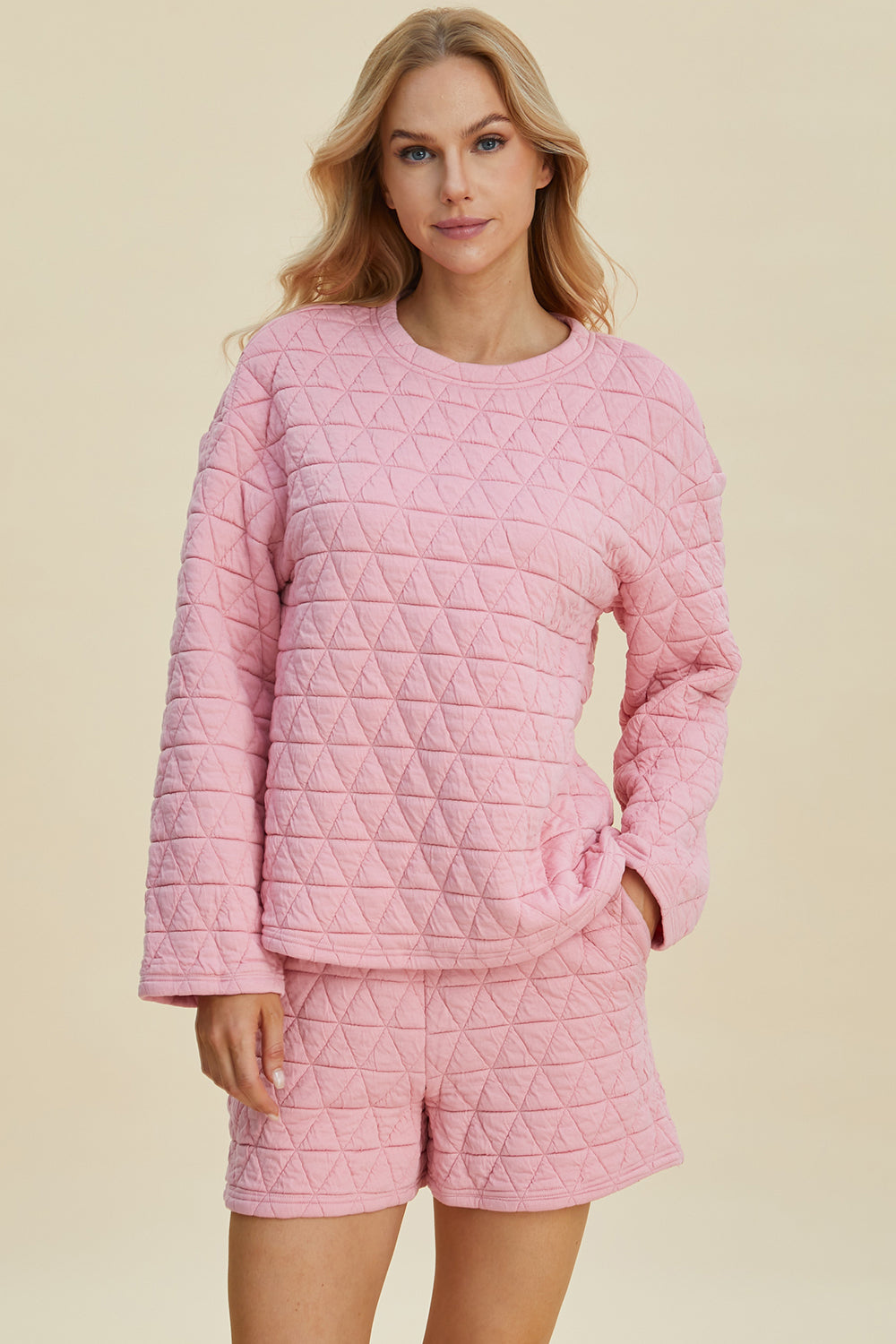 Blue Zone Planet | Double Take Full Size Texture Round Neck Long Sleeve Top and Shorts Set-TOPS / DRESSES-[Adult]-[Female]-Pink-S-2022 Online Blue Zone Planet