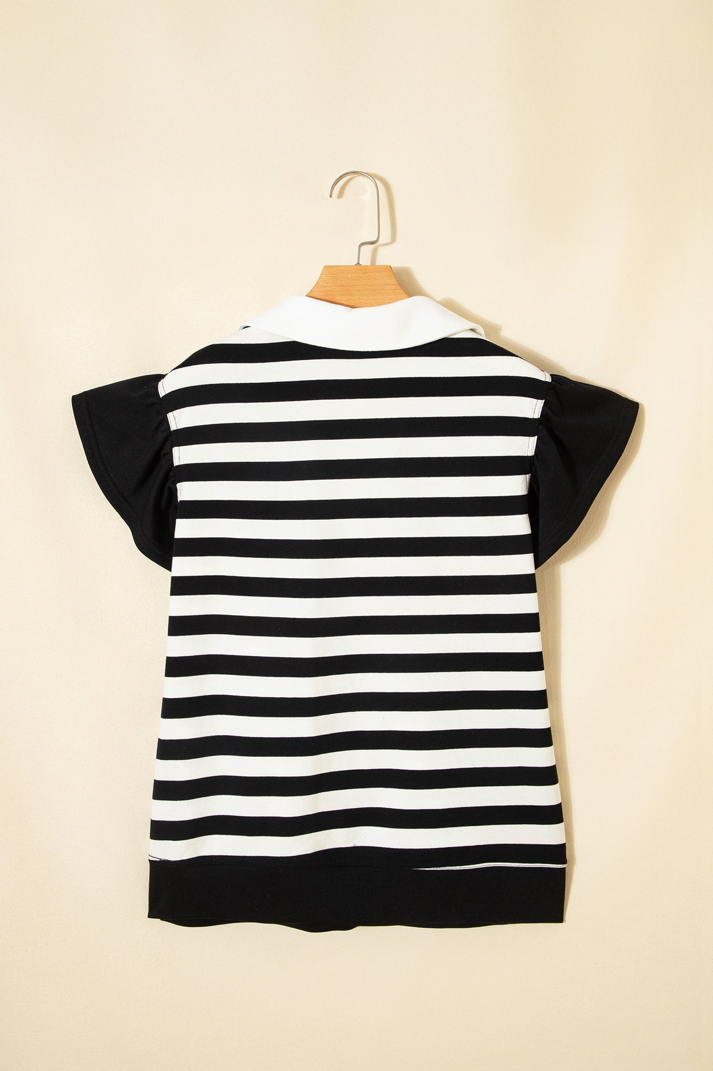 Black Stripe Collar V Neck Ruffled Short Sleeve Blouse-Tops/Blouses & Shirts-[Adult]-[Female]-2022 Online Blue Zone Planet
