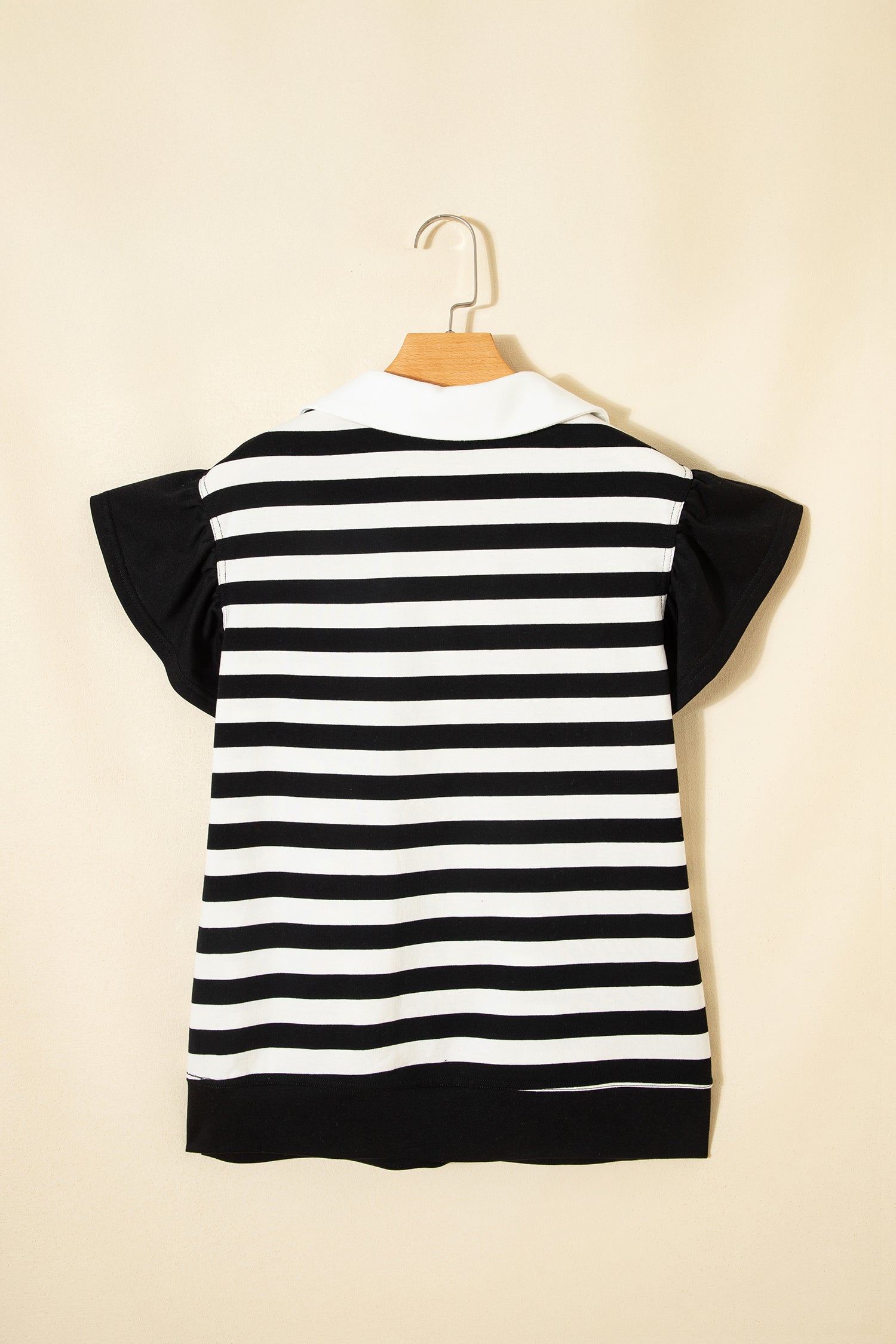 Black Stripe Collar V Neck Ruffled Short Sleeve Blouse-Tops/Blouses & Shirts-[Adult]-[Female]-2022 Online Blue Zone Planet