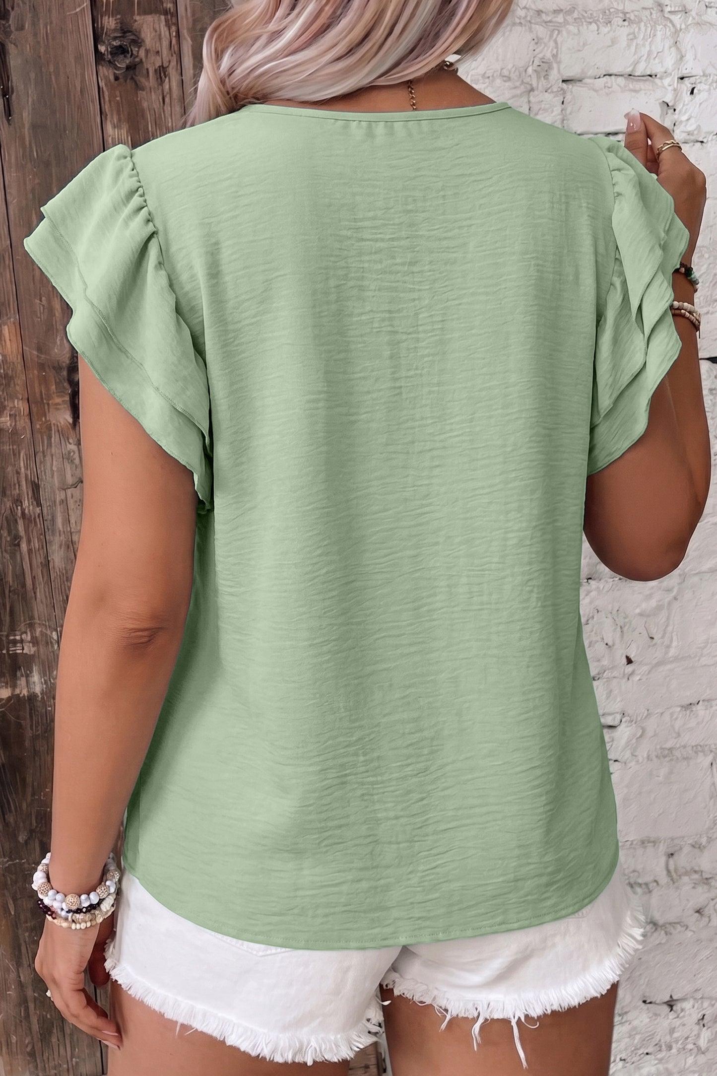 Clearly Aqua Plus Size Crew Neck Ruffle Sleeve Top-Plus Size/Plus Size Tops/Plus Size Tops & Tees-[Adult]-[Female]-2022 Online Blue Zone Planet