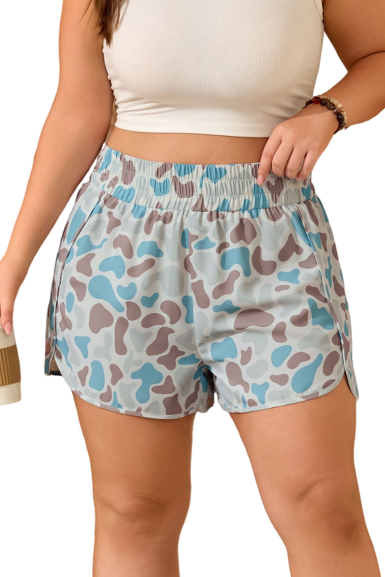 Multicolour Plus Size Camouflage Elastic Waist Athleisure Shorts-Plus Size/Plus Size Bottoms-[Adult]-[Female]-2022 Online Blue Zone Planet