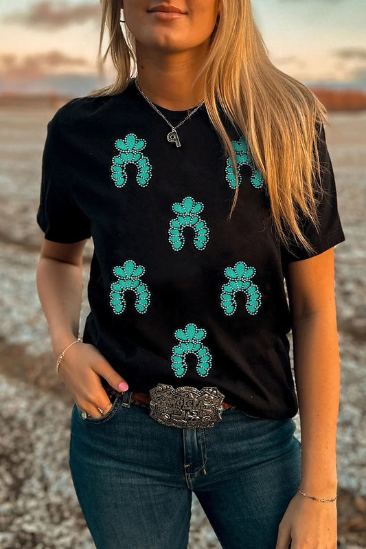 Black Western Turquoise Pattern Sequin Patched T Shirt-Graphic/Graphic Tees-[Adult]-[Female]-Black-S-2022 Online Blue Zone Planet