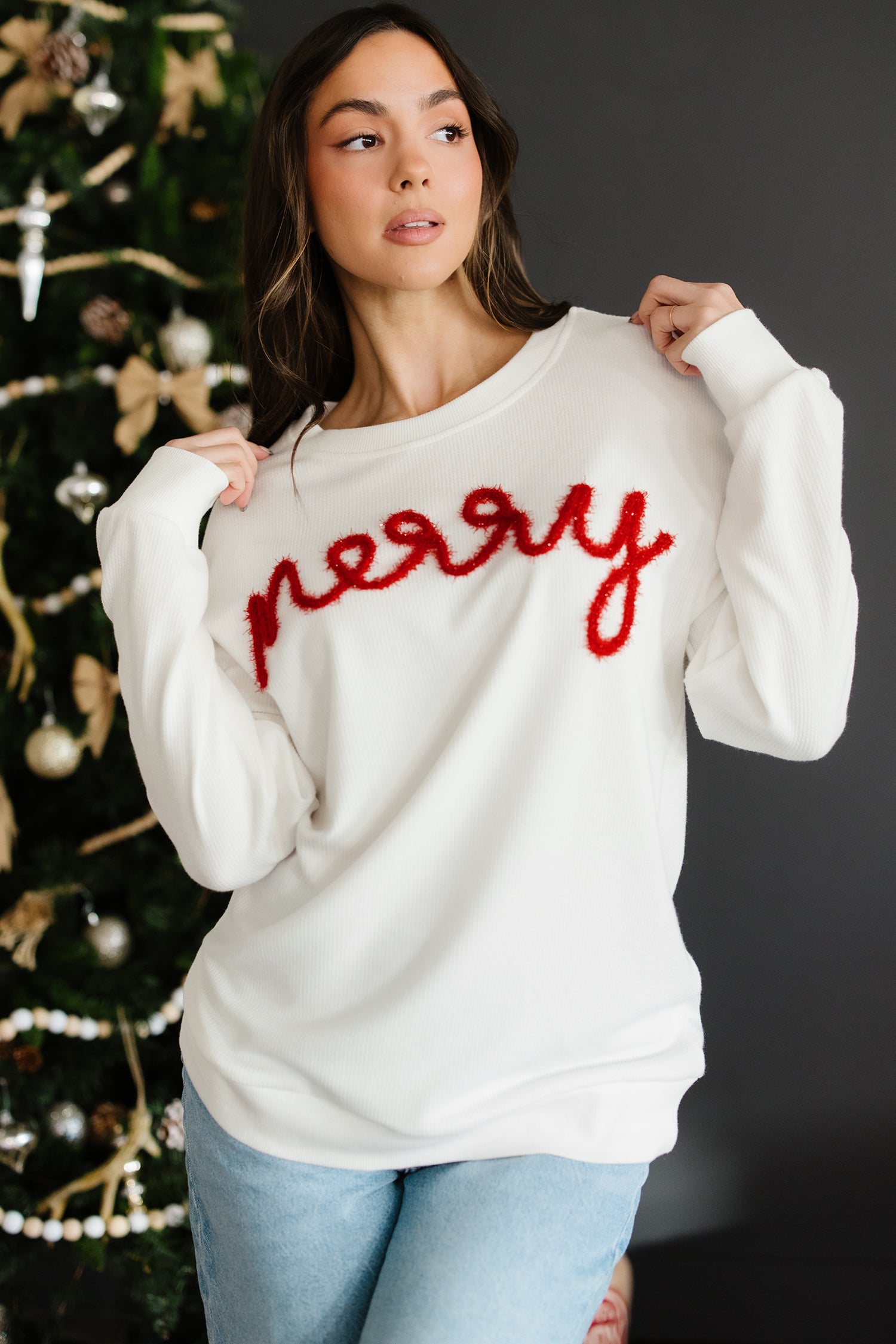 White Merry Tinsel Letter Embroidery Ribbed Drop Shoulder Sweatshirt-Tops/Sweatshirts & Hoodies-[Adult]-[Female]-2022 Online Blue Zone Planet