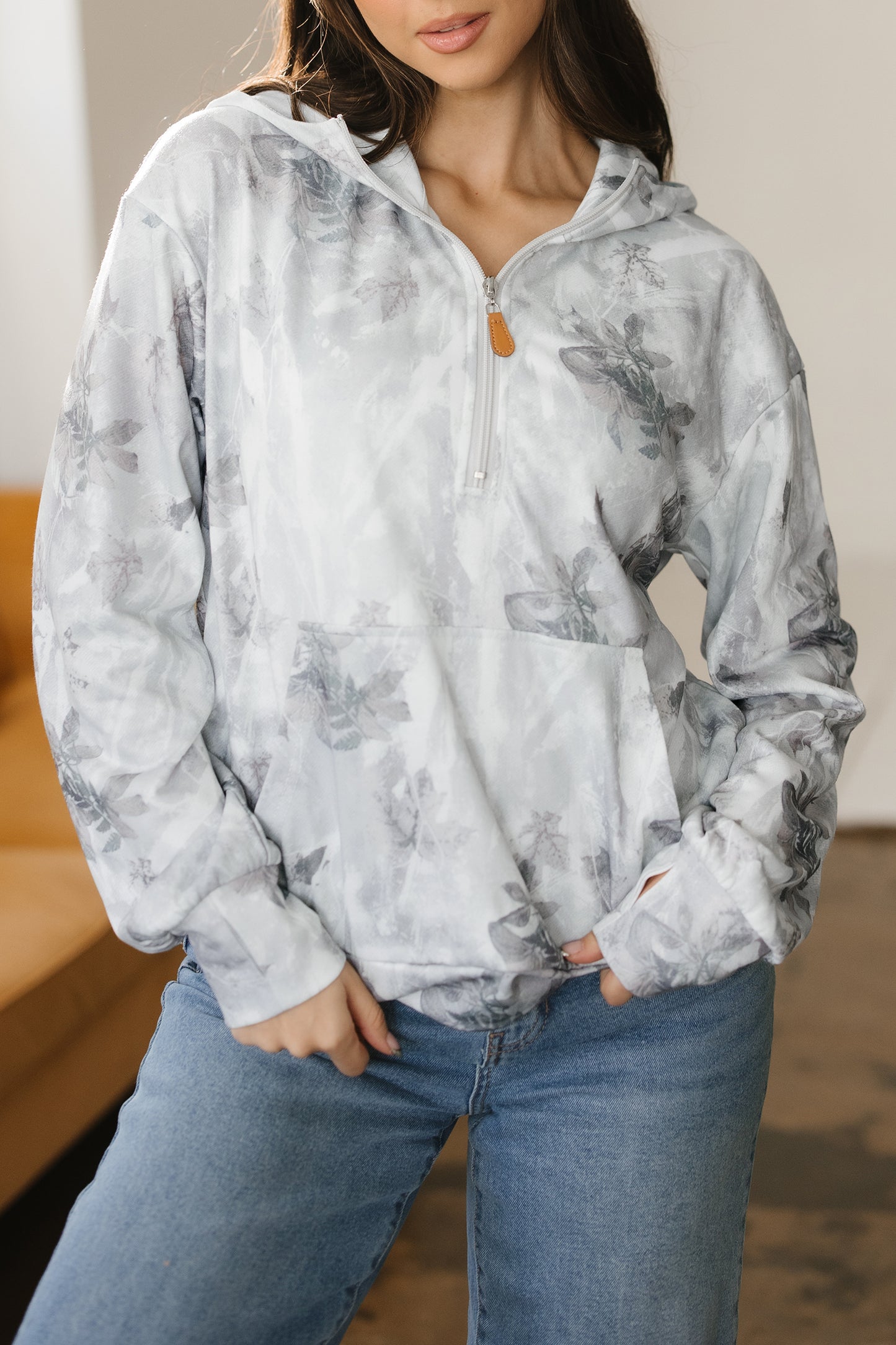 Gray Camo Leaf Print Kangaroo Pocket Quarter Zip Hoodie-Tops / Dresses-[Adult]-[Female]-2022 Online Blue Zone Planet