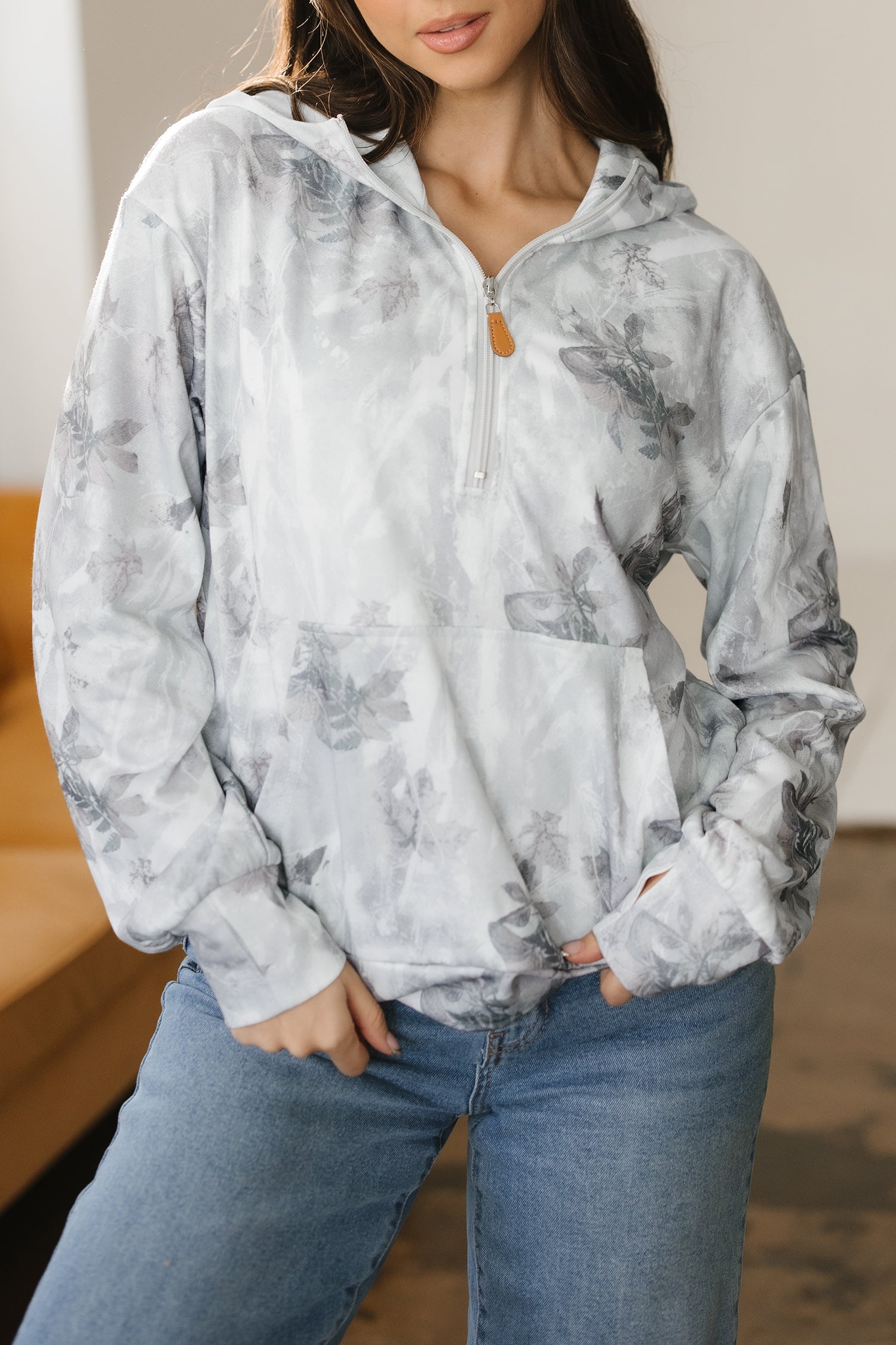 Gray Camo Leaf Print Kangaroo Pocket Quarter Zip Hoodie-Tops / Dresses-[Adult]-[Female]-2022 Online Blue Zone Planet
