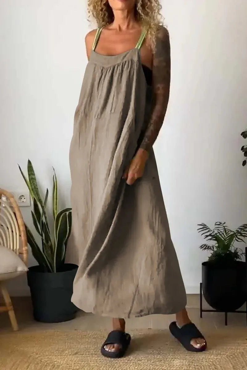 Full Size Ruched Cami Maxi Dress with Pockets Plus Size Khaki / L