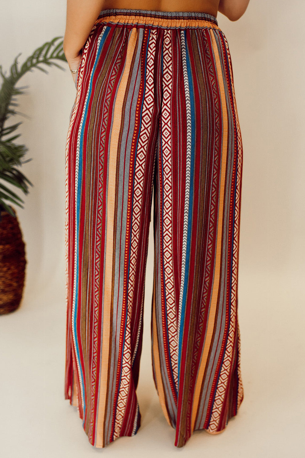 Red Boho Ethnic Striped Print Tie Waist Wide Leg Pants-Pants-[Adult]-[Female]-2022 Online Blue Zone Planet