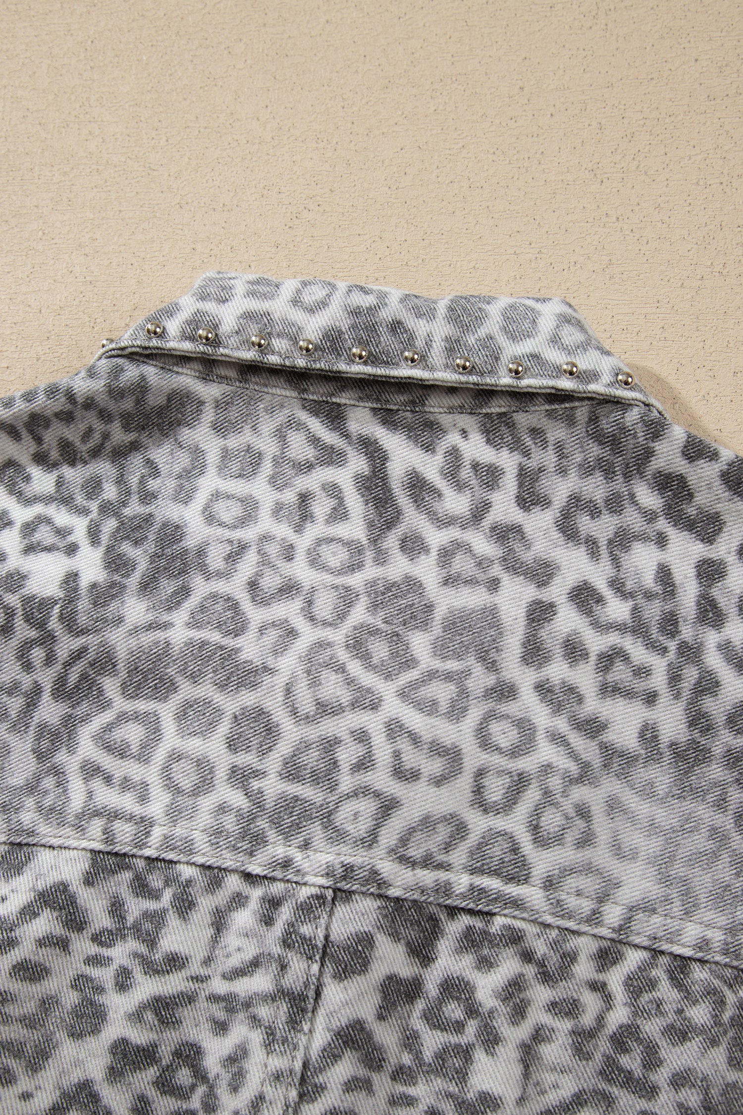 Khaki Leopard Print Studded Collar Studded Patch Pocket Denim Jacket-Outerwear/Denim jackets-[Adult]-[Female]-2022 Online Blue Zone Planet