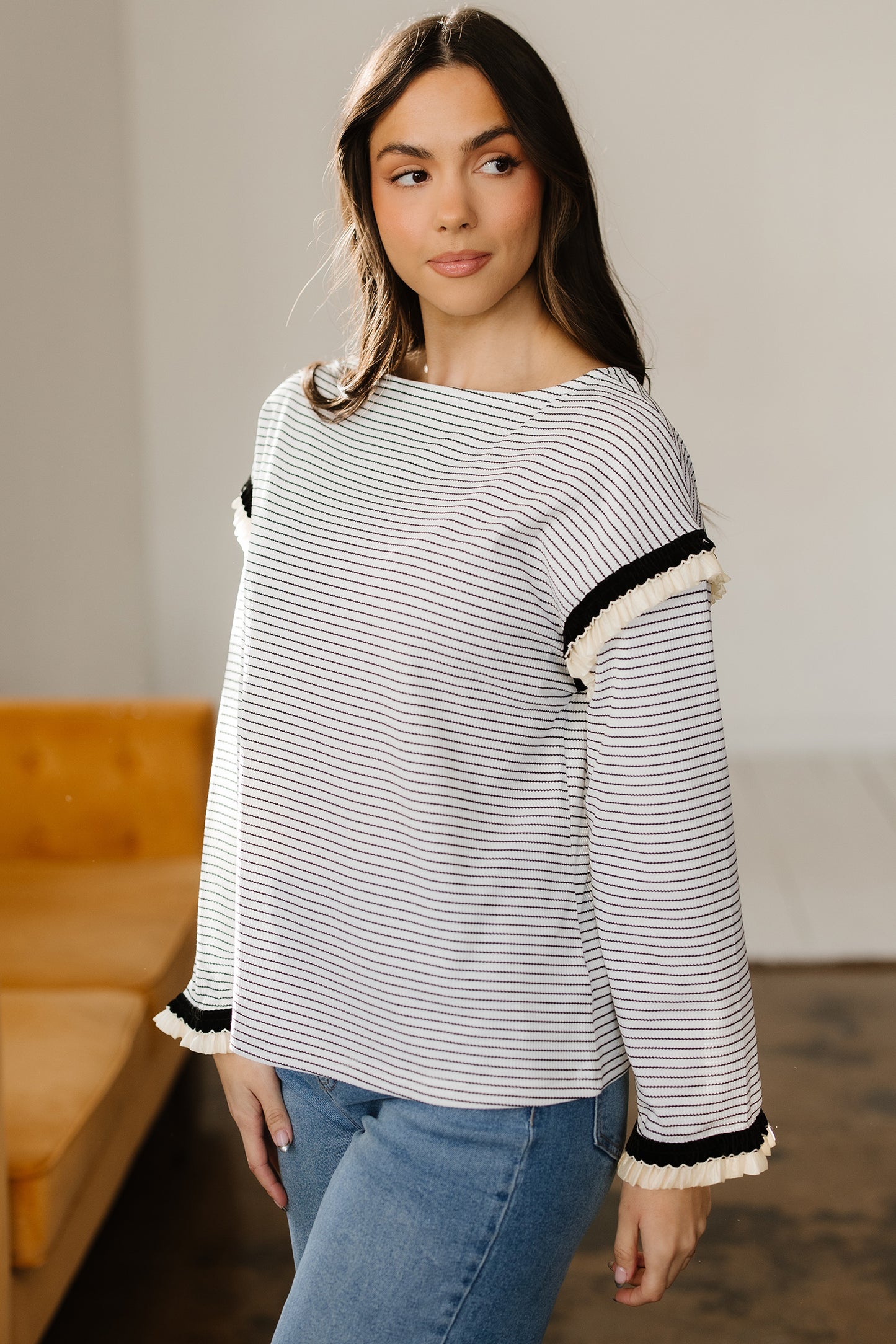 White Stripe Contrasted Ruffle Trim Loose Long Sleeve Top-Tops/Long Sleeve Tops-[Adult]-[Female]-2022 Online Blue Zone Planet