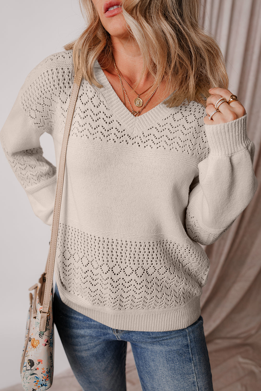 Brown Eyelet Pattern Detail V Neck Drop Shoulder Sweater-Sweaters & Cardigans/Sweaters-[Adult]-[Female]-Brown-S-2022 Online Blue Zone Planet