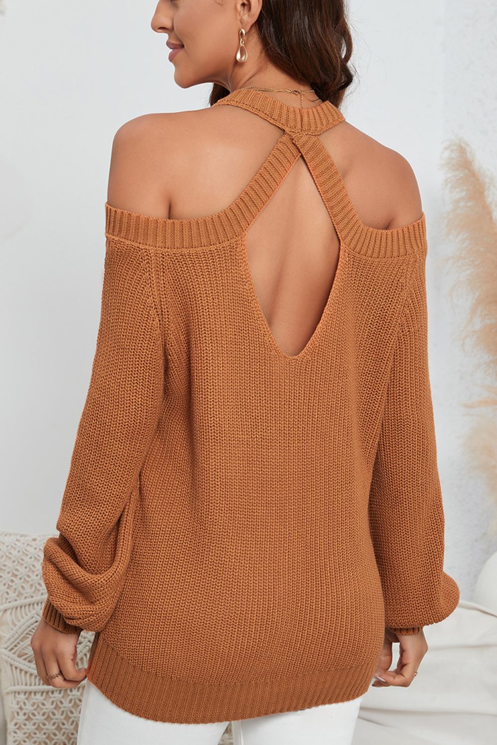 Cutout Back Cold Shoulder Long Sleeve Sweater-TOPS / DRESSES-[Adult]-[Female]-2022 Online Blue Zone Planet