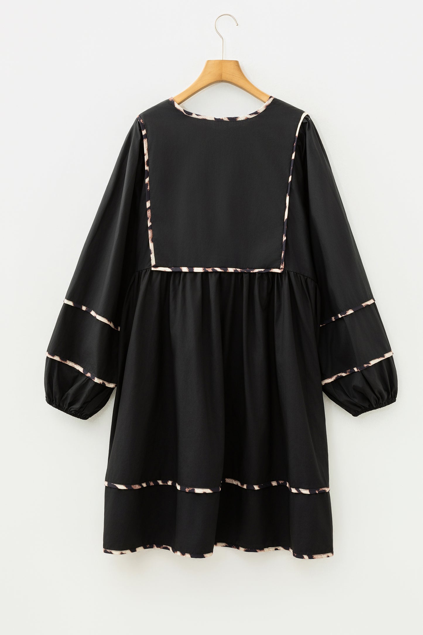 Black Plus Size Long Sleeve Leopard Contrasted Trim Tie Neck Flared Mini Dress-TOPS / DRESSES-[Adult]-[Female]-2022 Online Blue Zone Planet