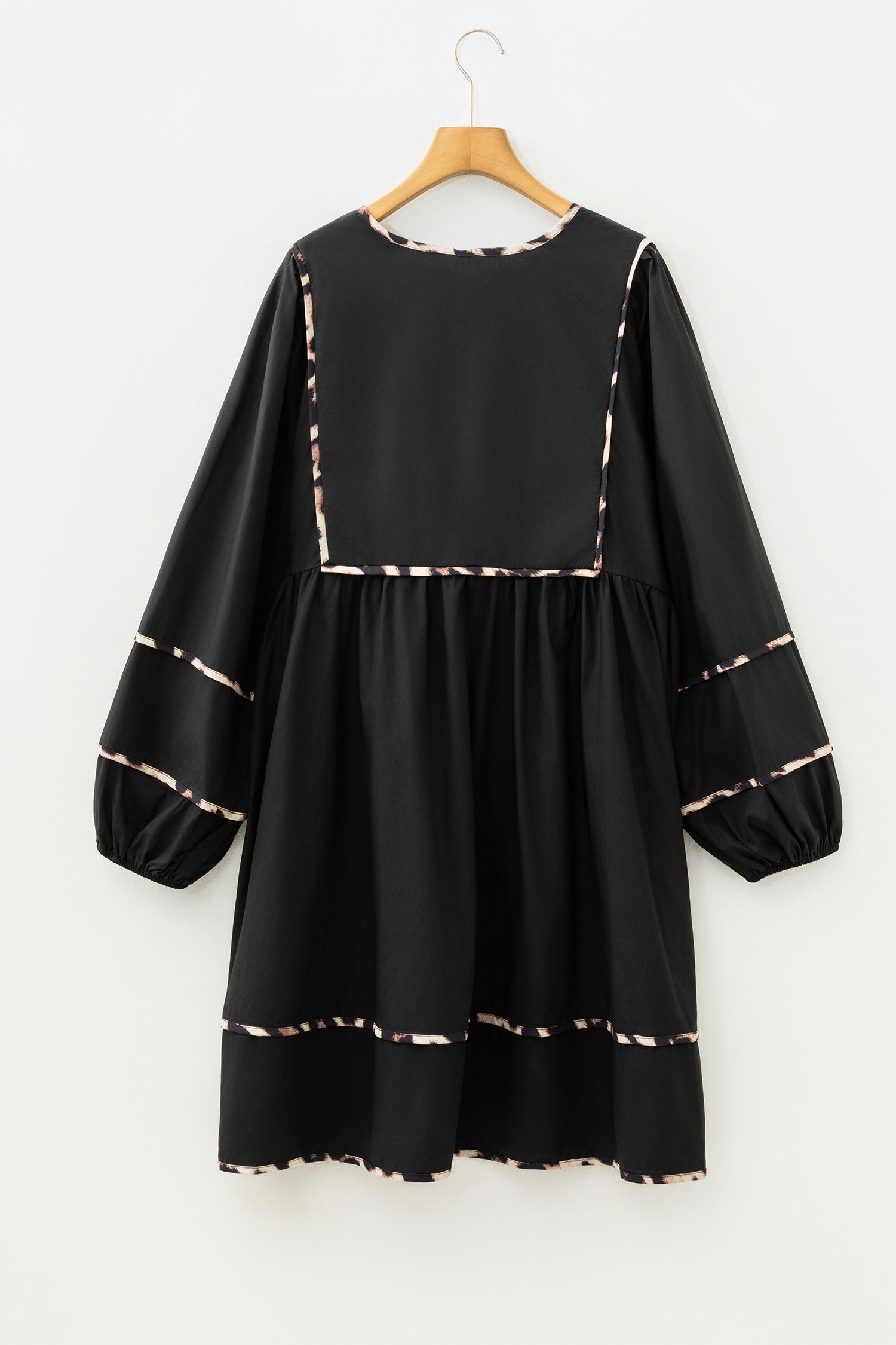 Black Plus Size Long Sleeve Leopard Contrasted Trim Tie Neck Flared Mini Dress-TOPS / DRESSES-[Adult]-[Female]-2022 Online Blue Zone Planet