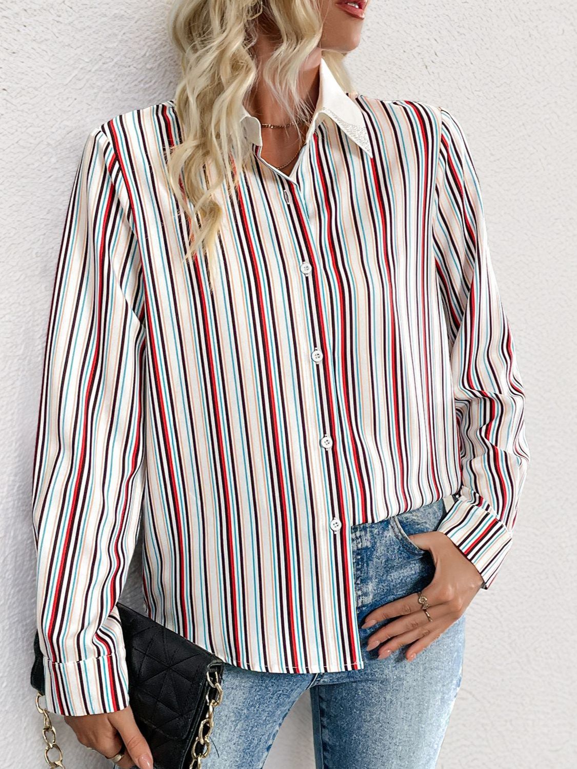 Perfee Contrast Striped Collared Neck Long Sleeve Shirt-TOPS / DRESSES-[Adult]-[Female]-2022 Online Blue Zone Planet