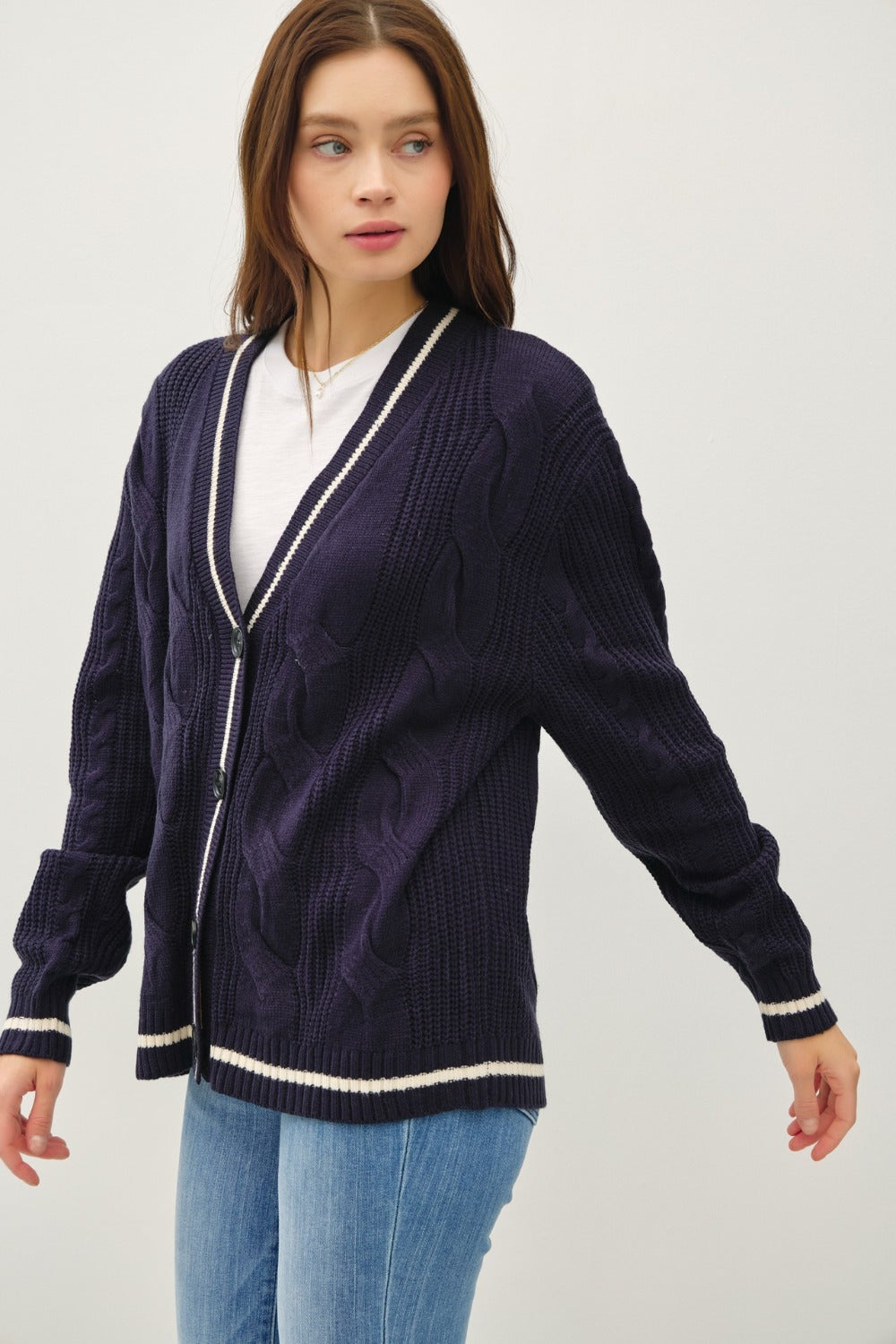 Blue Zone Planet | Be Cool Contrast Trim Cable-Knit V-Neck Cardigan-TOPS / DRESSES-[Adult]-[Female]-2022 Online Blue Zone Planet