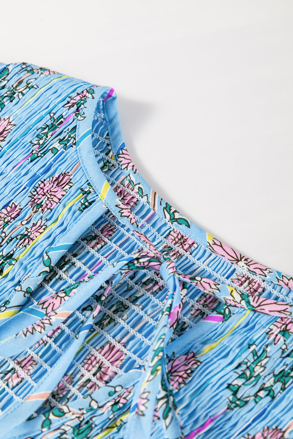 Blue Zone Planet | Sky Blue Floral Striped Print Tie Shirred Splie Neck Blouse-Tops/Blouses & Shirts-[Adult]-[Female]-2022 Online Blue Zone Planet