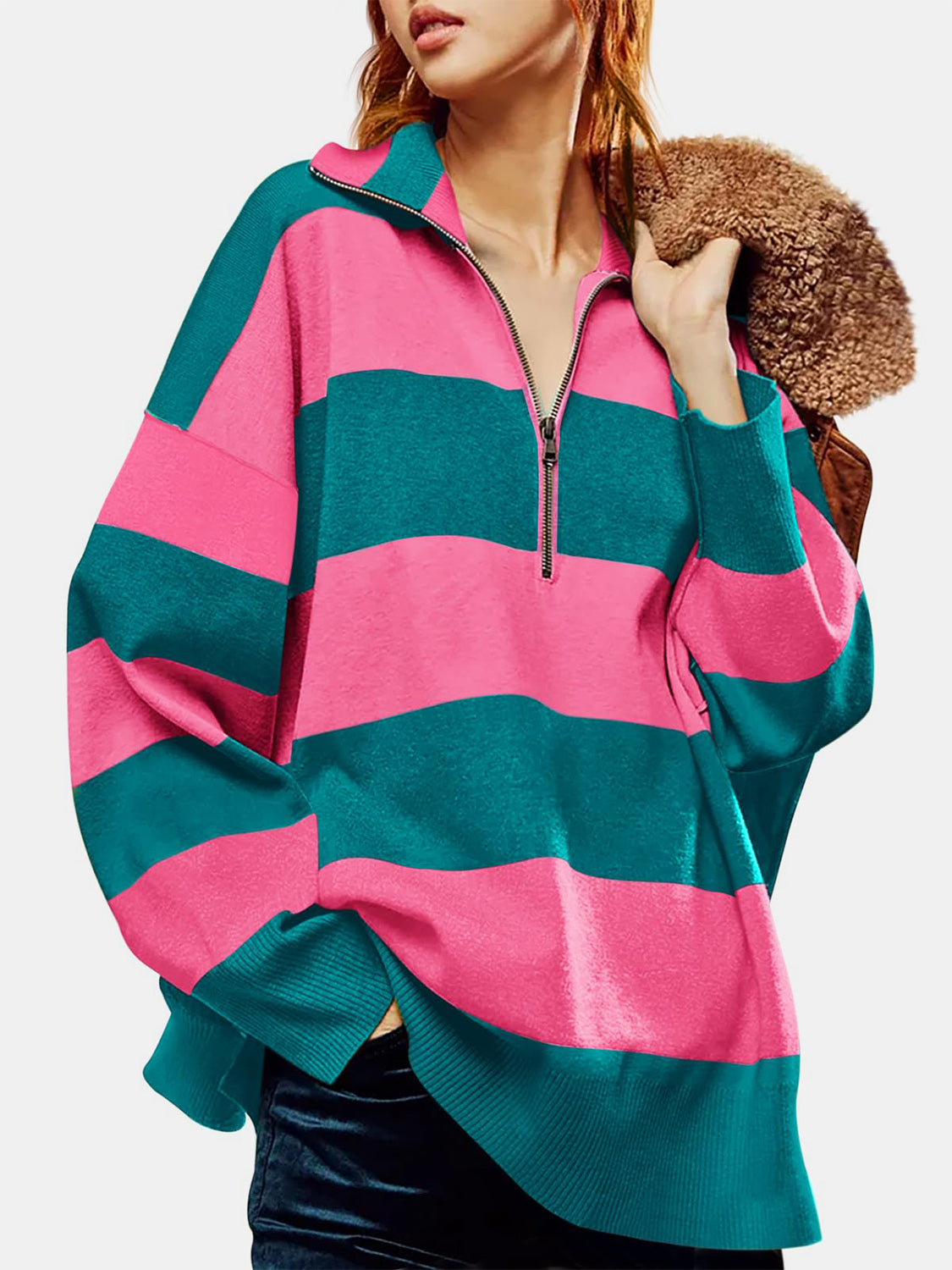 Color Block Half Zip Long Sleeve Sweater-TOPS / DRESSES-[Adult]-[Female]-2022 Online Blue Zone Planet