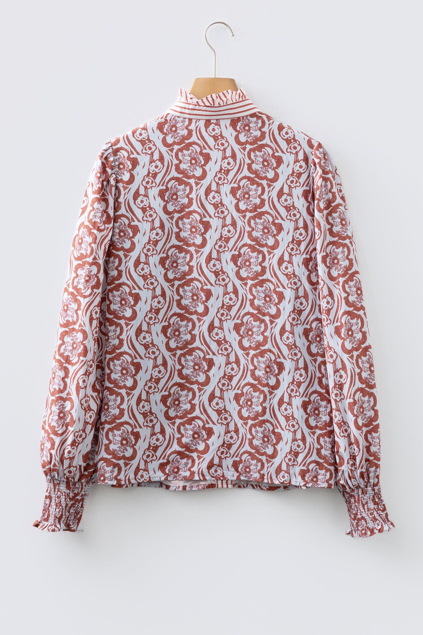 Floral Print Frilled Striped Trim Button Down Smocked Cuffs Long Sleeve Shirt-Tops/Blouses & Shirts-[Adult]-[Female]-2022 Online Blue Zone Planet