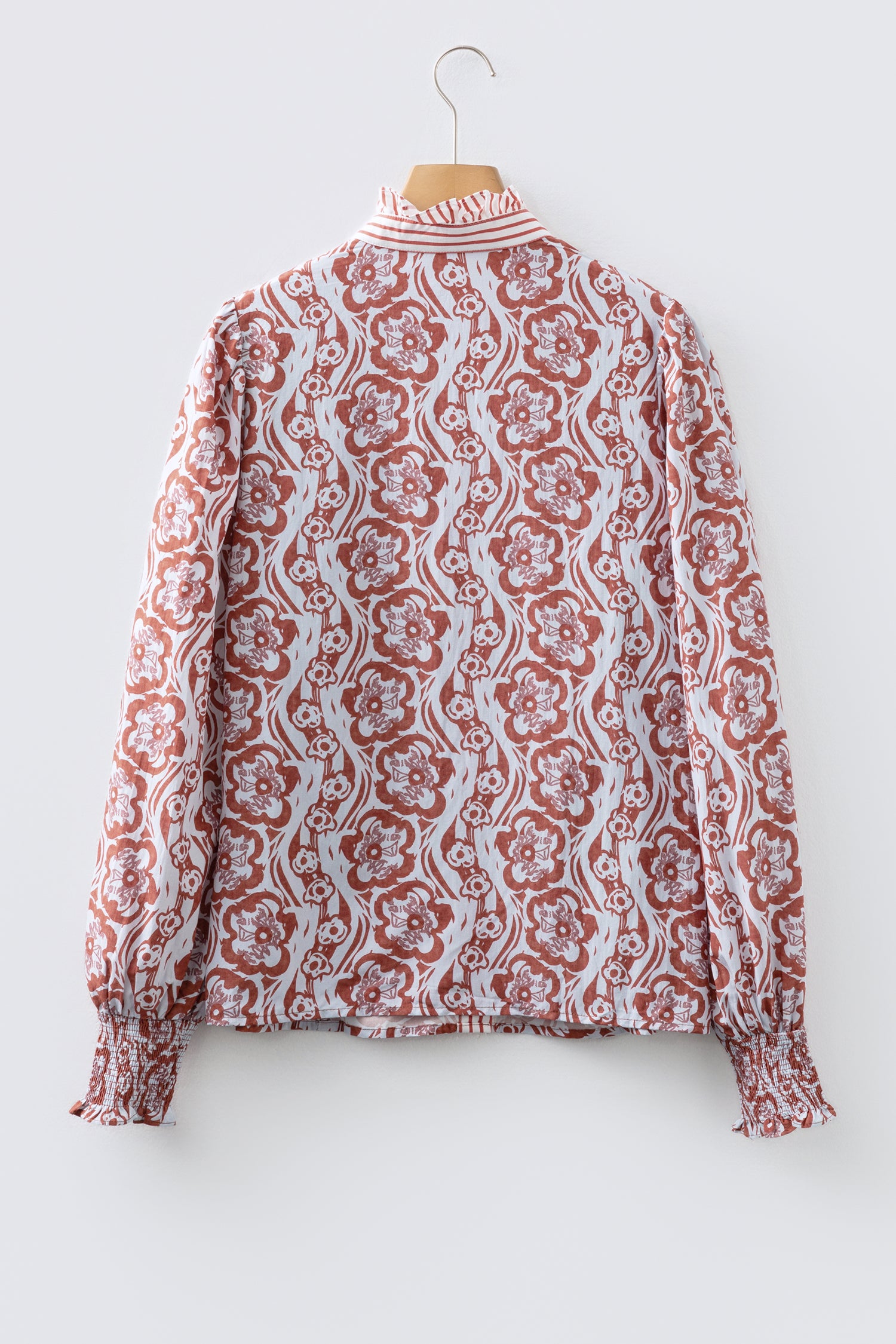 Floral Print Frilled Striped Trim Button Down Smocked Cuffs Long Sleeve Shirt-Tops/Blouses & Shirts-[Adult]-[Female]-2022 Online Blue Zone Planet