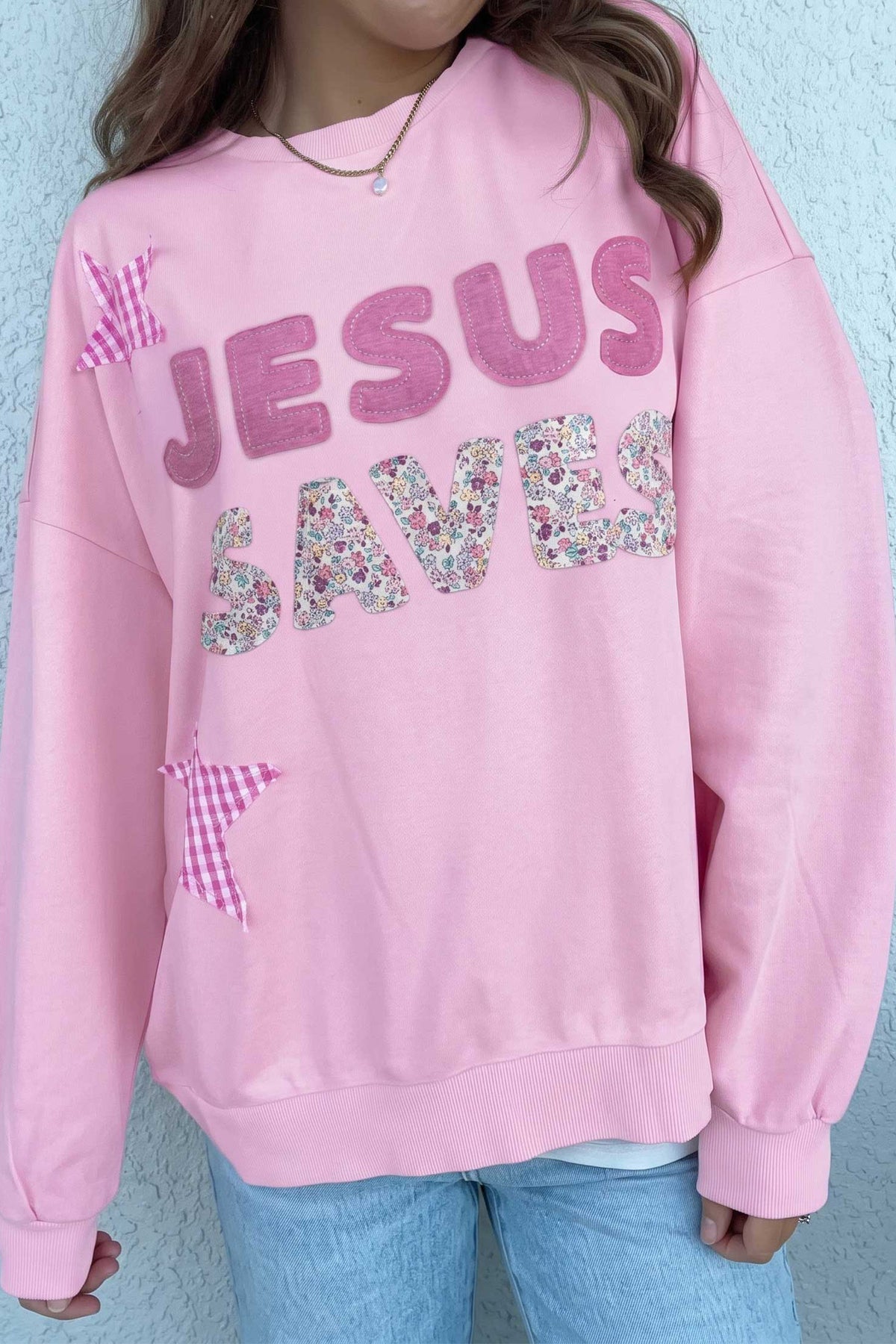 Pink Patchwork Stars Plaid Unique Floral Letters Baggy Sweatshirt-Tops/Sweatshirts & Hoodies-[Adult]-[Female]-2022 Online Blue Zone Planet
