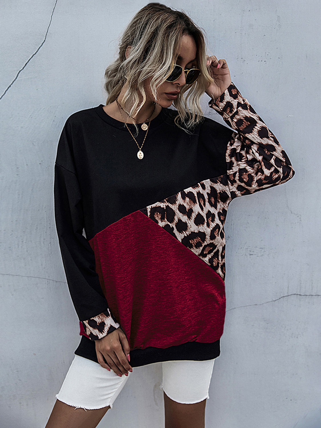 Perfee Leopard Contrast Long Sleeve Sweatshirt-TOPS / DRESSES-[Adult]-[Female]-Burgundy-S-2022 Online Blue Zone Planet