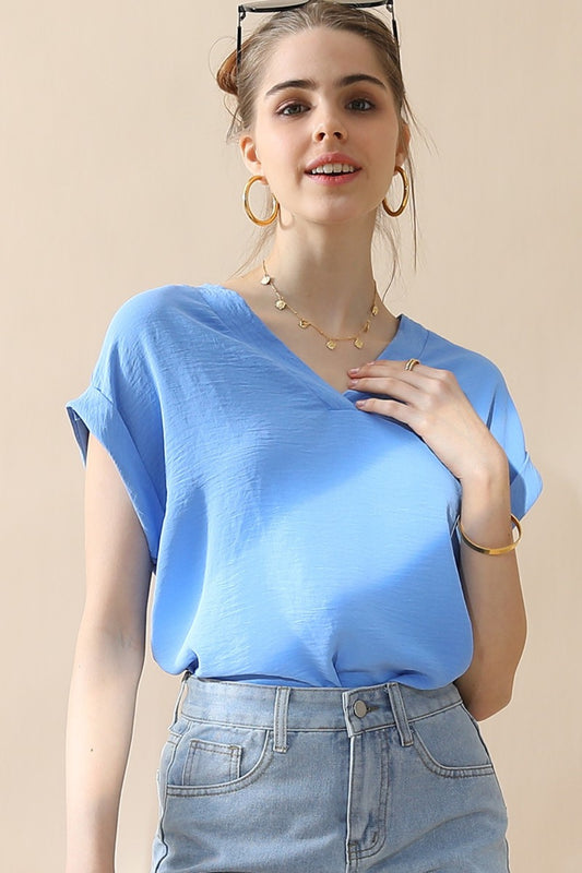 Ninexis V-Neck Trim Rolled Short Sleeve Shirt-TOPS / DRESSES-[Adult]-[Female]-2022 Online Blue Zone Planet