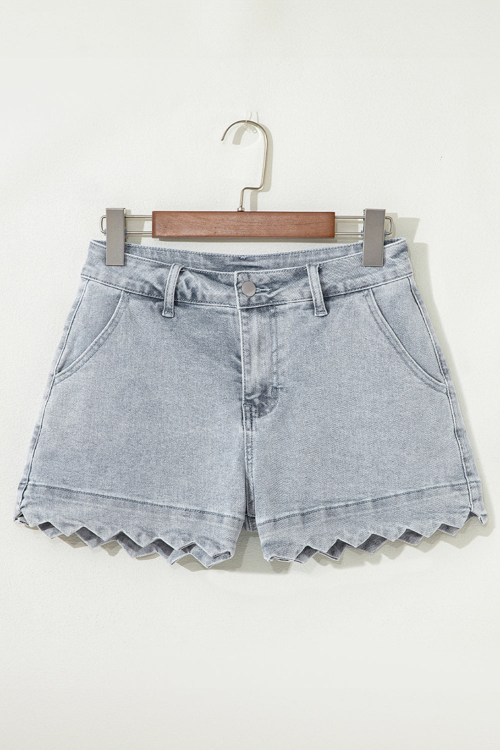Dusk Blue Scalloped Hemline Acid Wash High Waist Denim Shorts-Bottoms/Denim Shorts-[Adult]-[Female]-2022 Online Blue Zone Planet