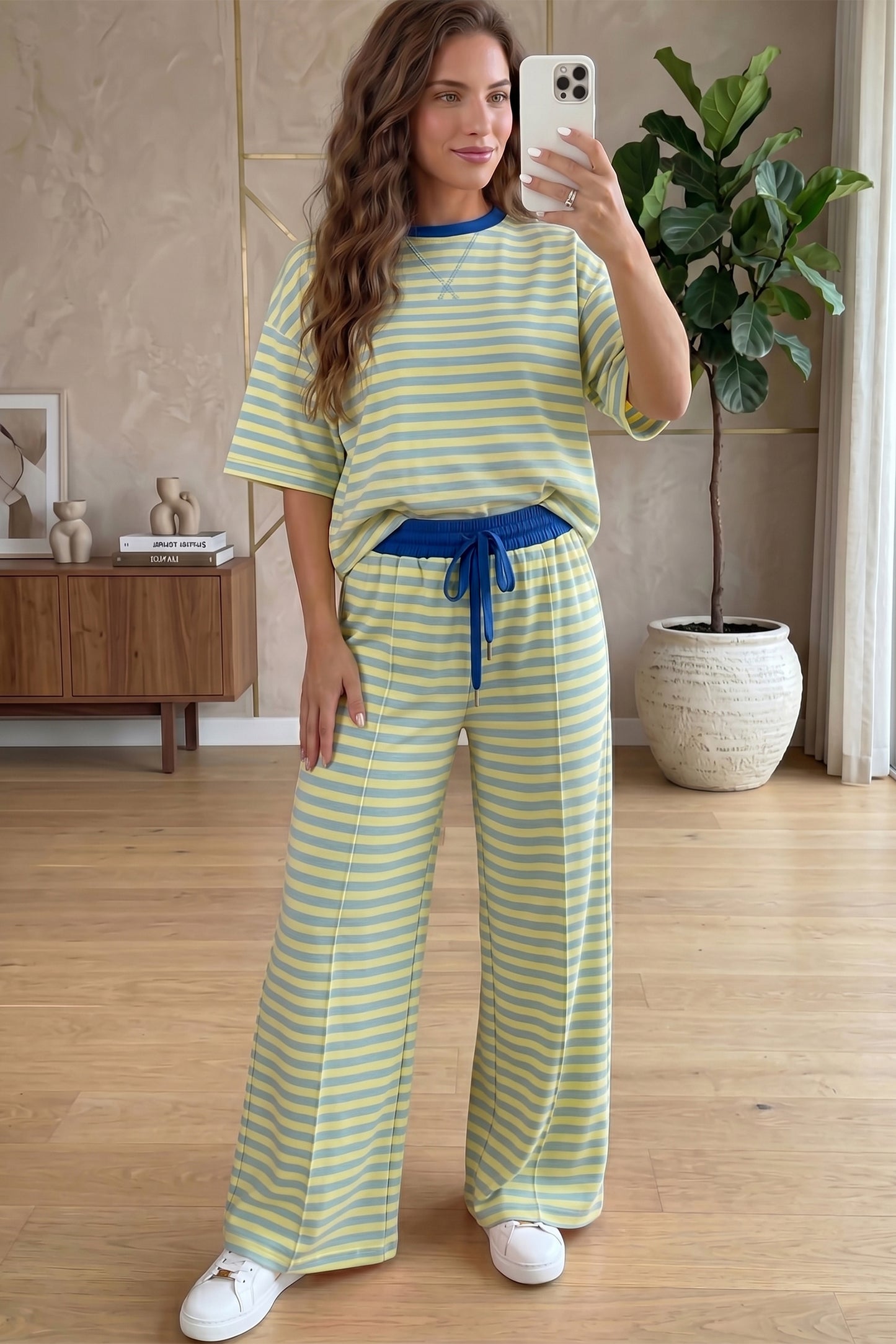 Pink Stripe Colorblock Trim Crew Neck Loose Tee Drawstring Elastic Waist 2pcs Pant Set-Two Piece Sets/Pant Sets-[Adult]-[Female]-Yellow Stripe-S-2022 Online Blue Zone Planet