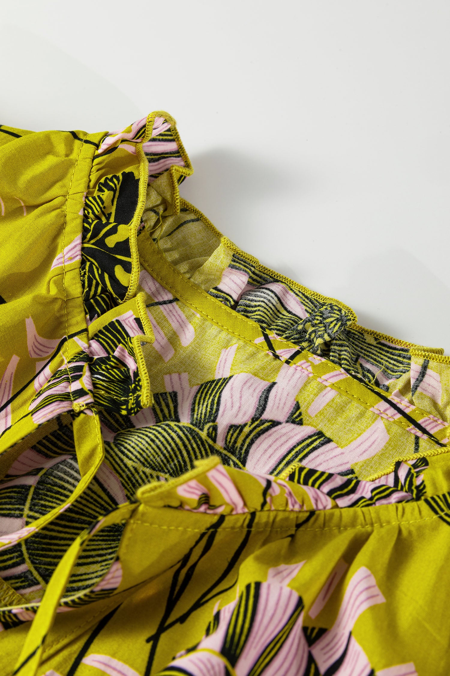 Yellow Vintage Floral V Neck Ruffle Trim Long Sleeve Blouse-Tops/Blouses & Shirts-[Adult]-[Female]-2022 Online Blue Zone Planet