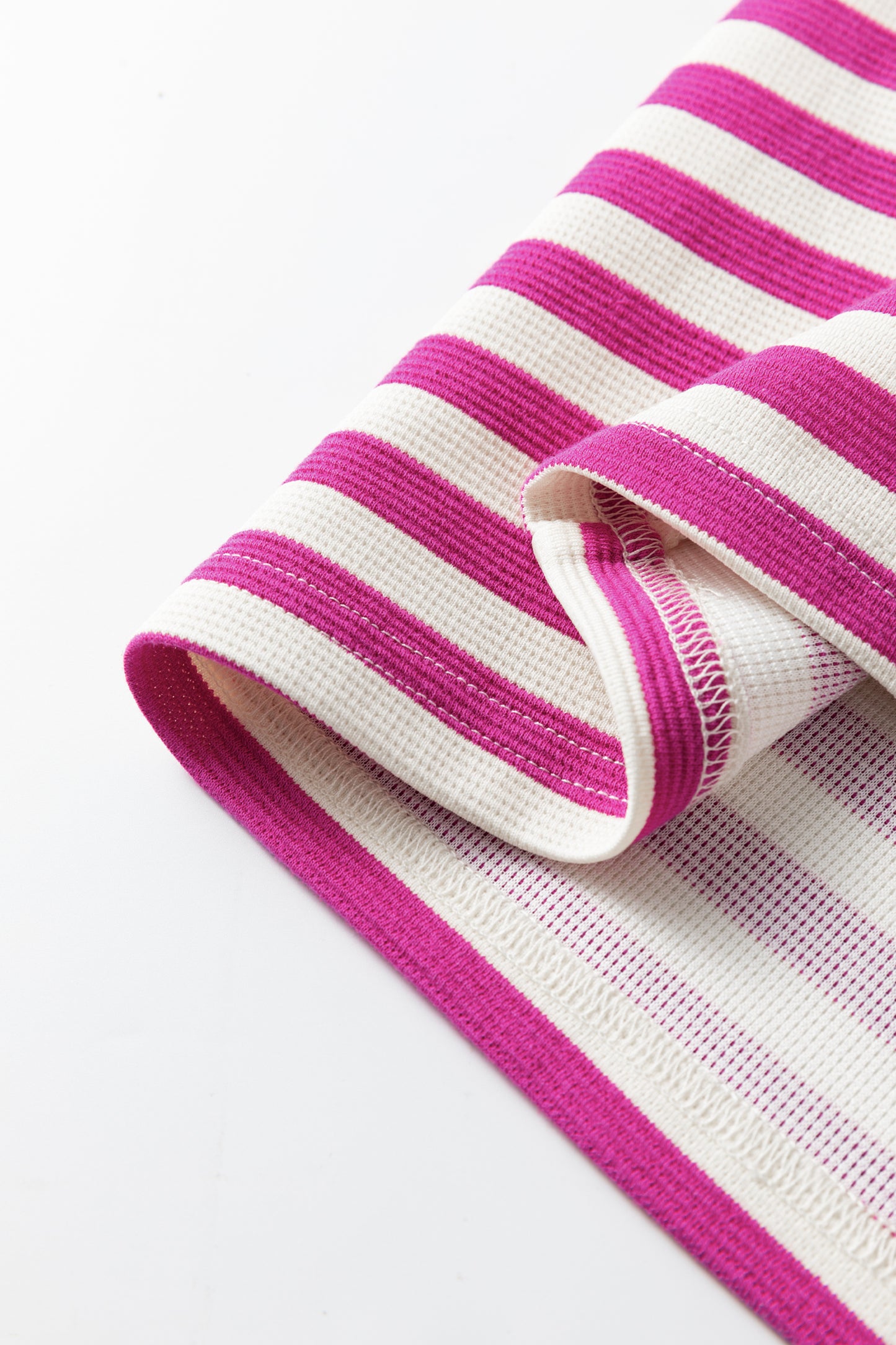 Rose Stripe Short Puff Sleeve Contrast Trim Round Neck Tee-Tops/Tops & Tees-[Adult]-[Female]-2022 Online Blue Zone Planet