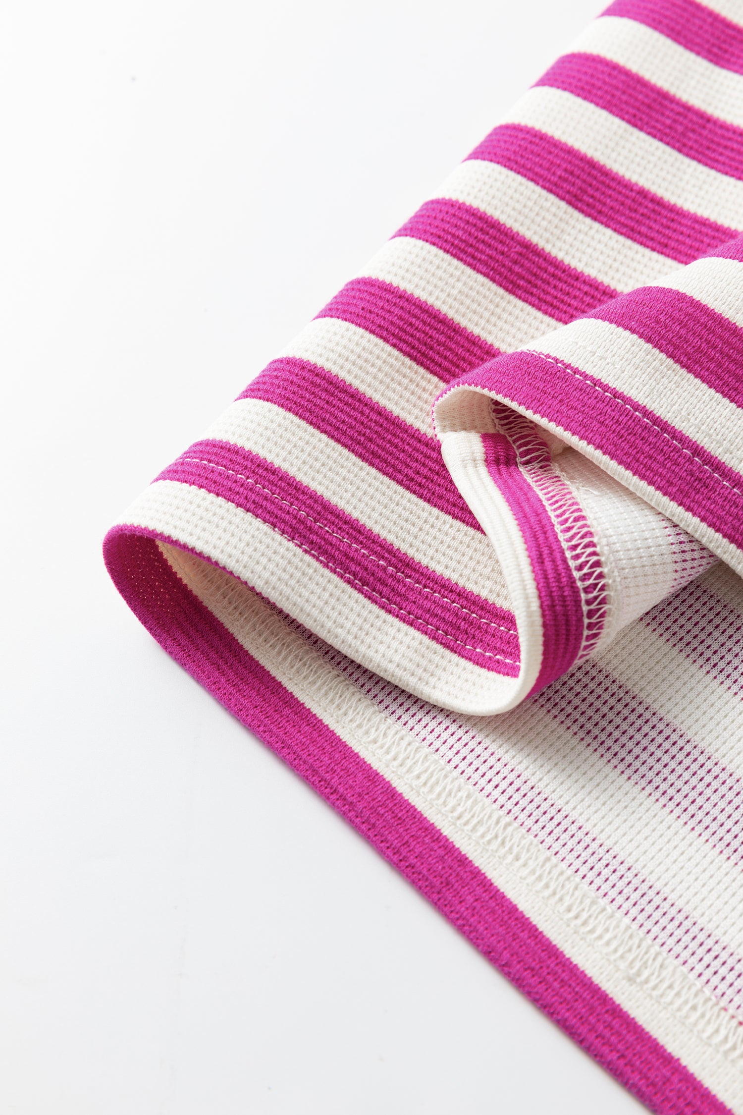 Rose Stripe Short Puff Sleeve Contrast Trim Round Neck Tee-Tops/Tops & Tees-[Adult]-[Female]-2022 Online Blue Zone Planet