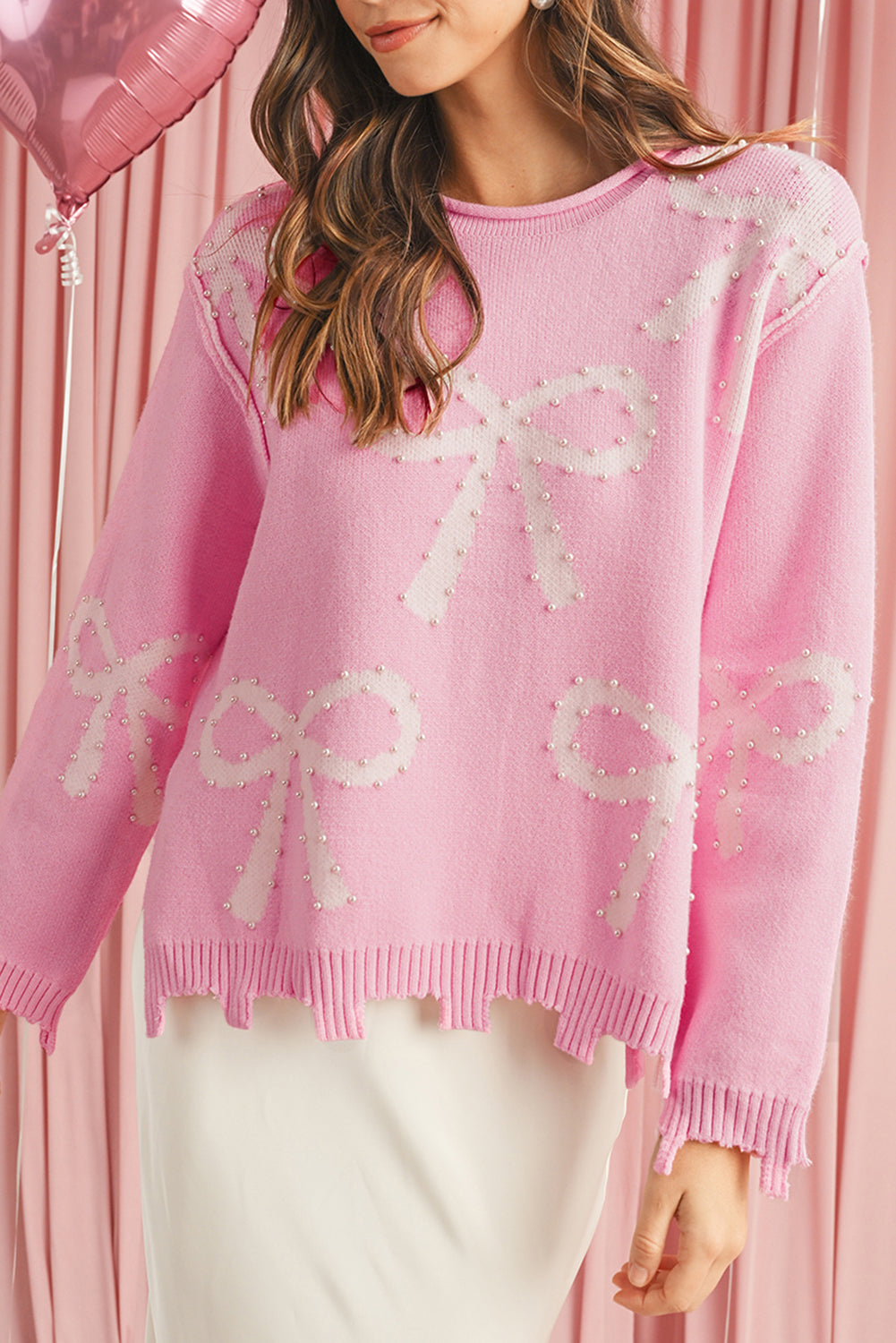 Blue Zone Planet | Pink Bow Pattern Pearl Embellished Raw Hem Sweater-Sweaters-[Adult]-[Female]-2022 Online Blue Zone Planet