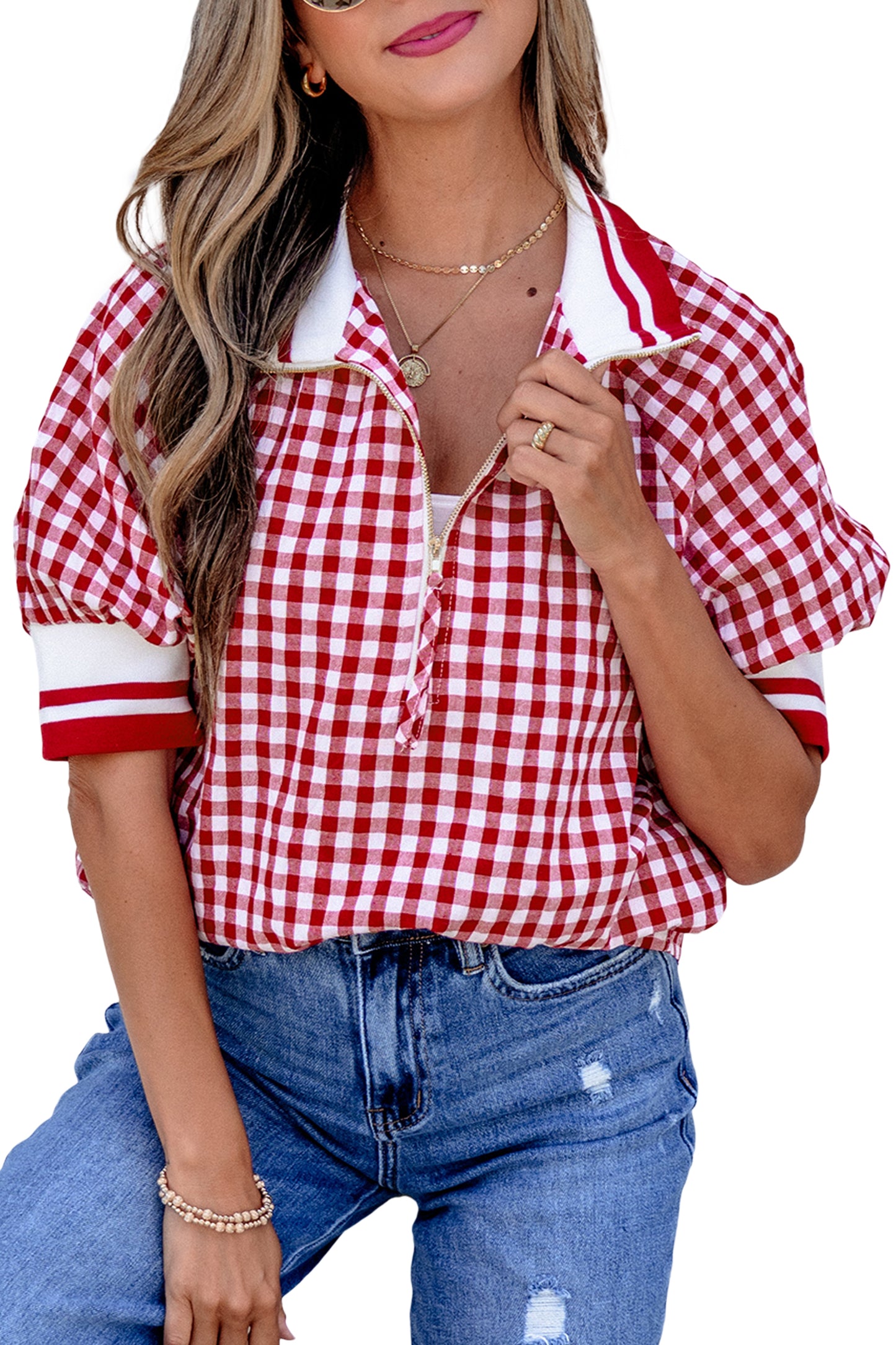 Red Gingham Striped Patchwork Half Zip Blouse-Tops/Blouses & Shirts-[Adult]-[Female]-2022 Online Blue Zone Planet