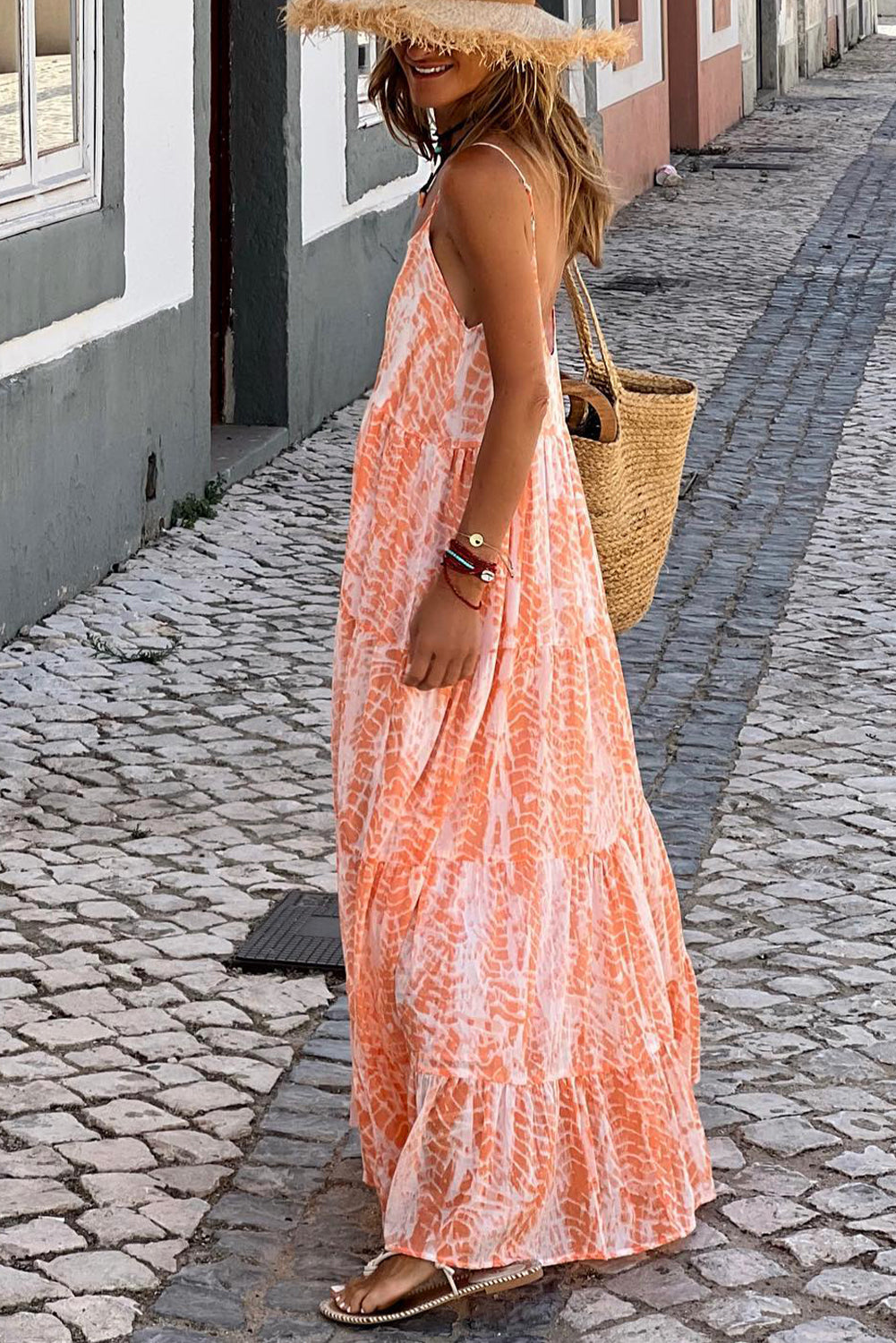 Blue Zone Planet | Orange Abstract Print Spaghetti Straps Backless Tiered Maxi Dress-TOPS / DRESSES-[Adult]-[Female]-2022 Online Blue Zone Planet