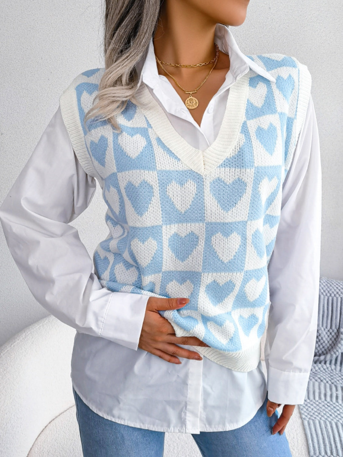 Blue Zone Planet | Heart V-Neck Sweater Vest-TOPS / DRESSES-[Adult]-[Female]-2022 Online Blue Zone Planet