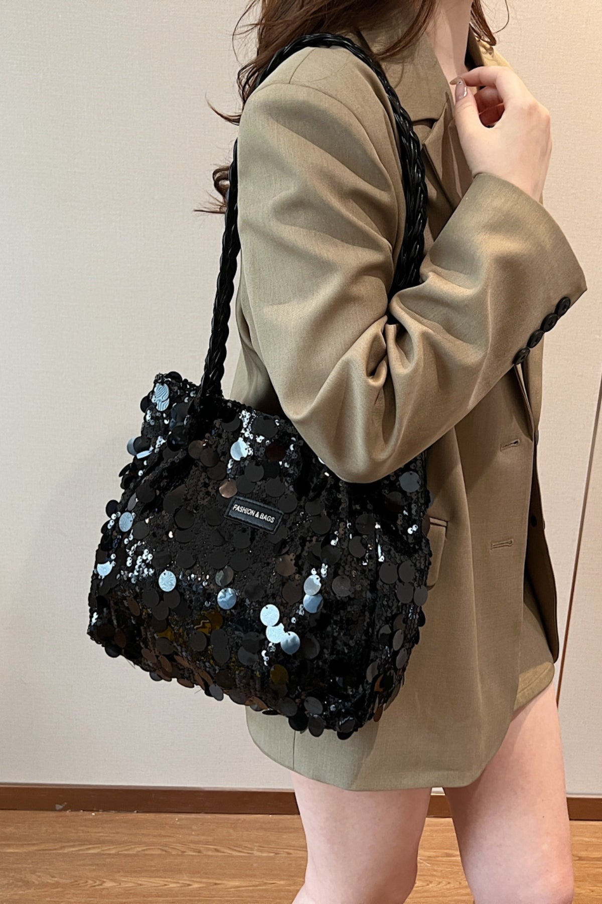 Sequin Braided Strap Shoulder Bag-HANDBAGS-[Adult]-[Female]-Black-One Size-2022 Online Blue Zone Planet