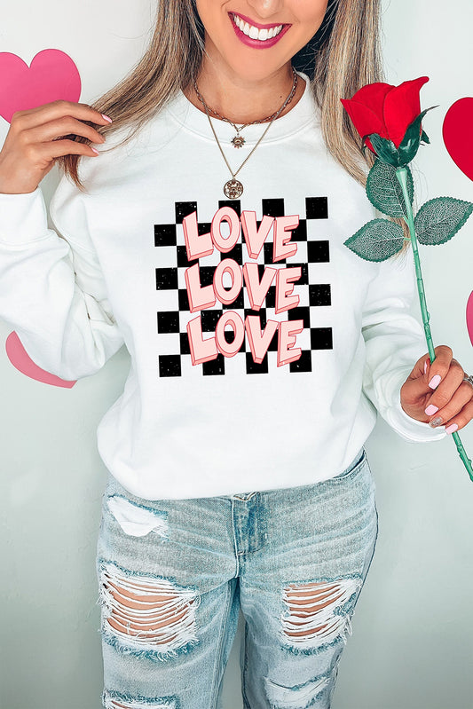 White Checkerboard LOVE Print Graphic Valentines Sweatshirt-Graphic Sweatshirts-[Adult]-[Female]-White-S-2022 Online Blue Zone Planet