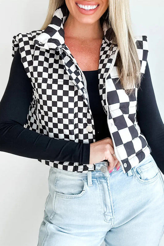 Black Double Checked Stand Collar Cropped Puffer Vest-Outerwear/Vests-[Adult]-[Female]-Black-S-2022 Online Blue Zone Planet