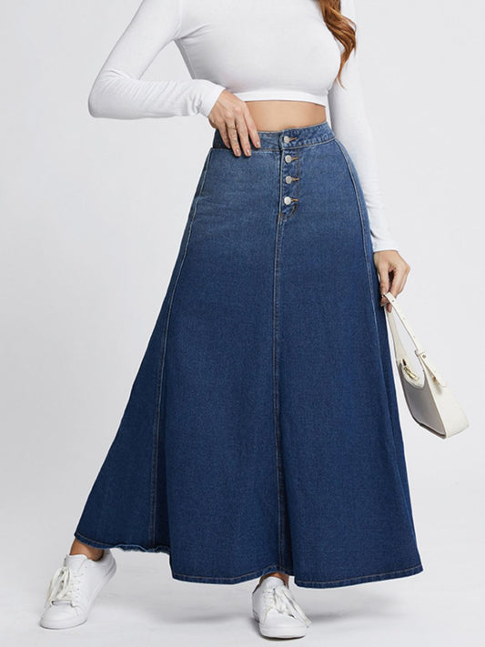 Button-Fly Hight Rise Denim Skirt-BOTTOMS SIZES SMALL MEDIUM LARGE-[Adult]-[Female]-Medium-S-2022 Online Blue Zone Planet