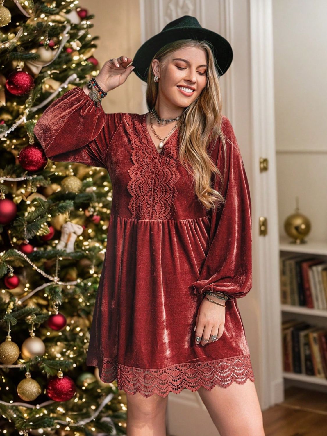 Plus Size Lace Detail V-Neck Long Sleeve Mini Dress-TOPS / DRESSES-[Adult]-[Female]-Rust-0XL-2022 Online Blue Zone Planet