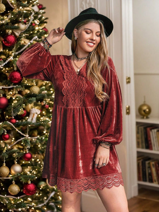 Plus Size Lace Detail V-Neck Long Sleeve Mini Dress-TOPS / DRESSES-[Adult]-[Female]-Rust-0XL-2022 Online Blue Zone Planet