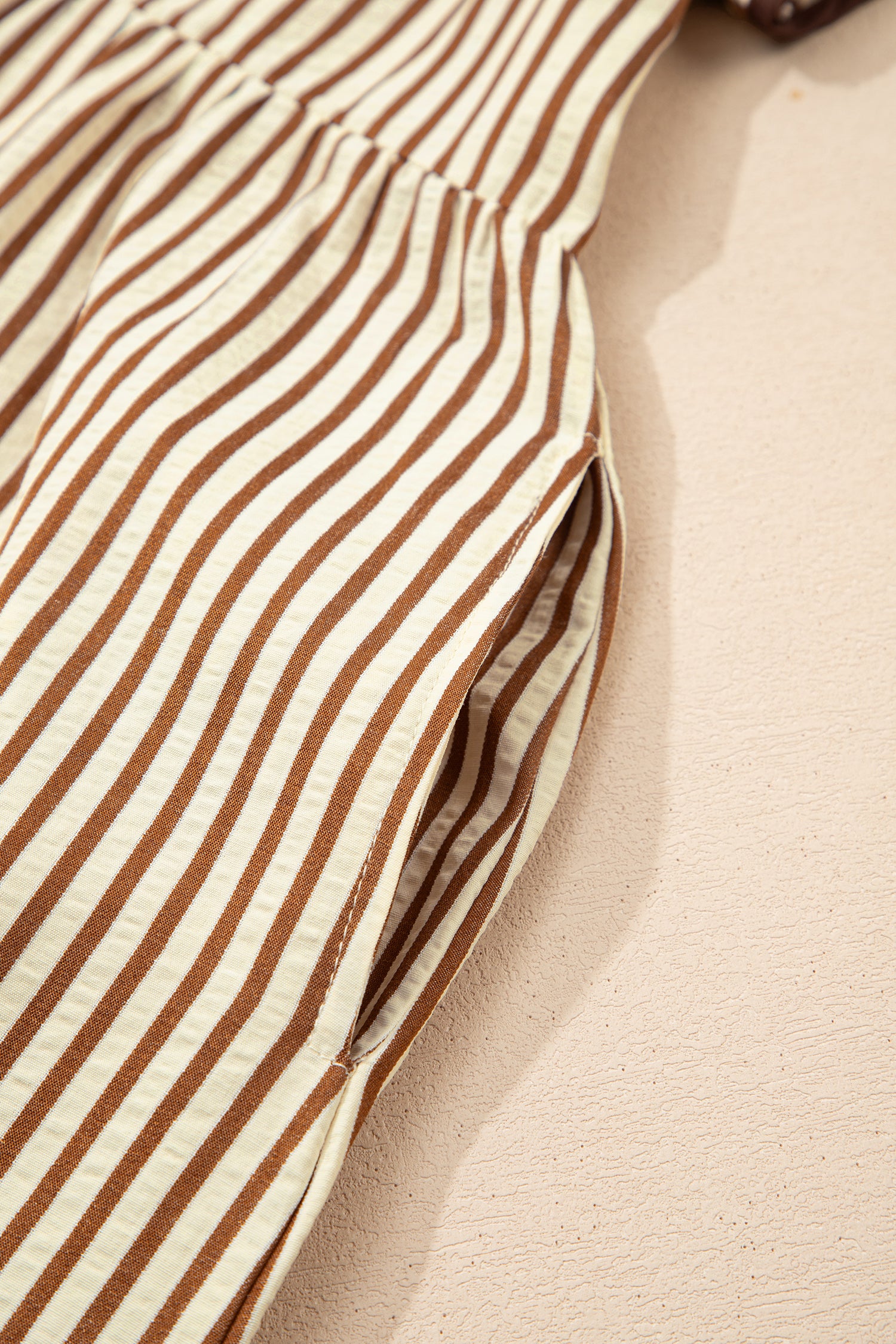 Brown Stripe Double Ruffled Short Sleeve Contrast Trim V Neck Midi Dress-TOPS / DRESSES-[Adult]-[Female]-2022 Online Blue Zone Planet