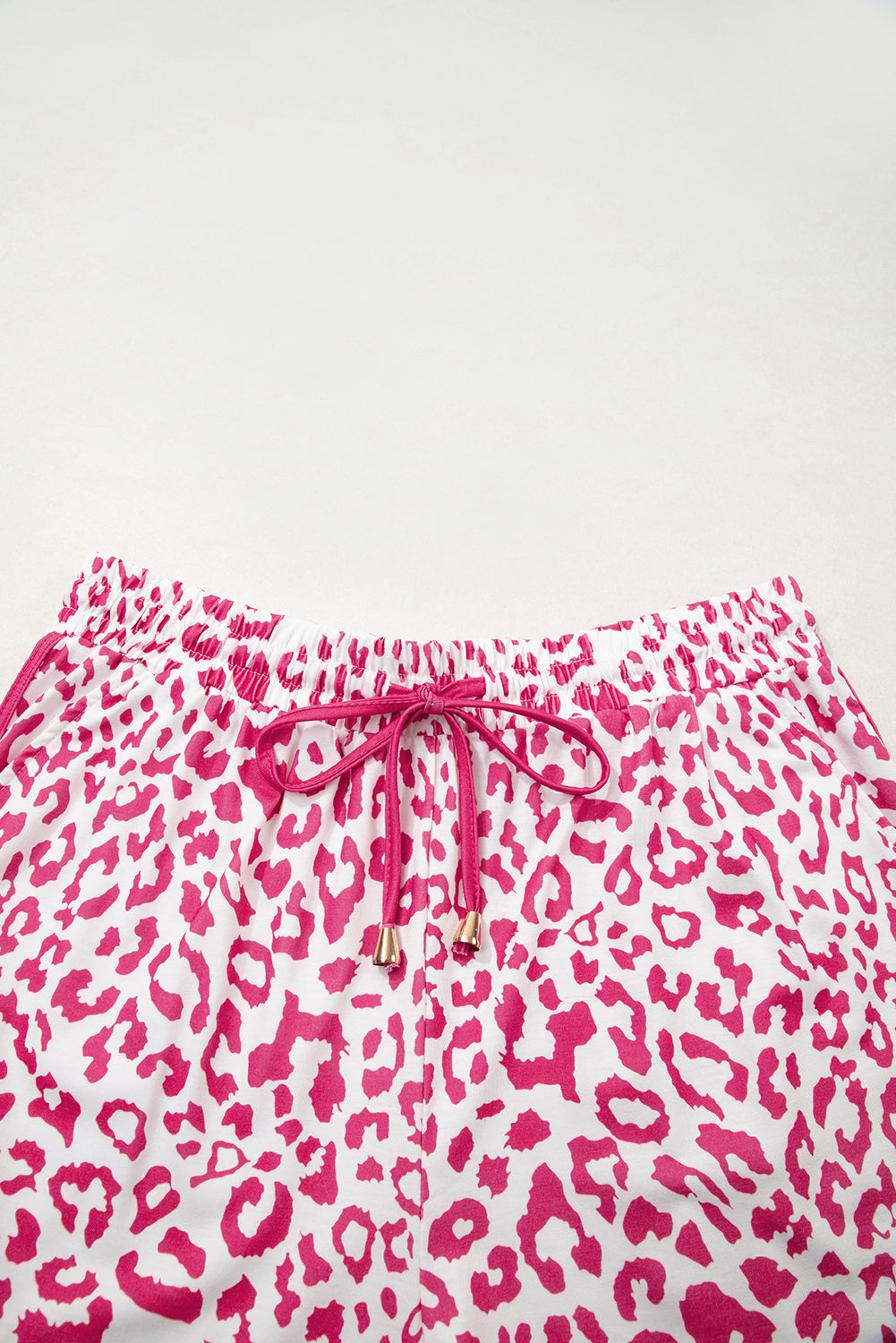 Pink Leopard Elastic Waist Lace Up Contrast Trim Casual Shorts-Bottoms/Casual Shorts-[Adult]-[Female]-2022 Online Blue Zone Planet