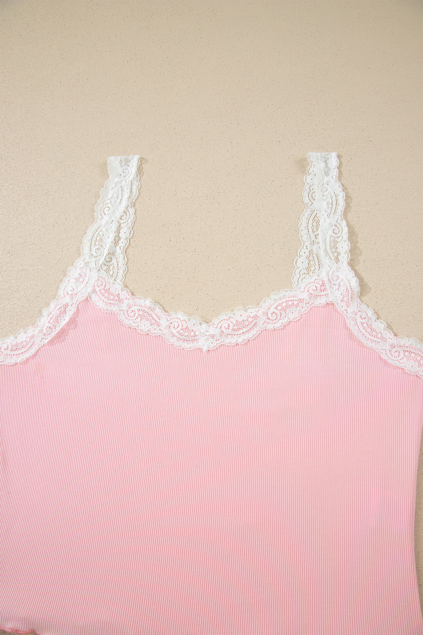 Pink Ribbed Knit Lace Straps Patchwork Lettuce Hem Cropped Top Floral Short Lounge Set-Loungewear & Sleepwear/Loungewear-[Adult]-[Female]-2022 Online Blue Zone Planet