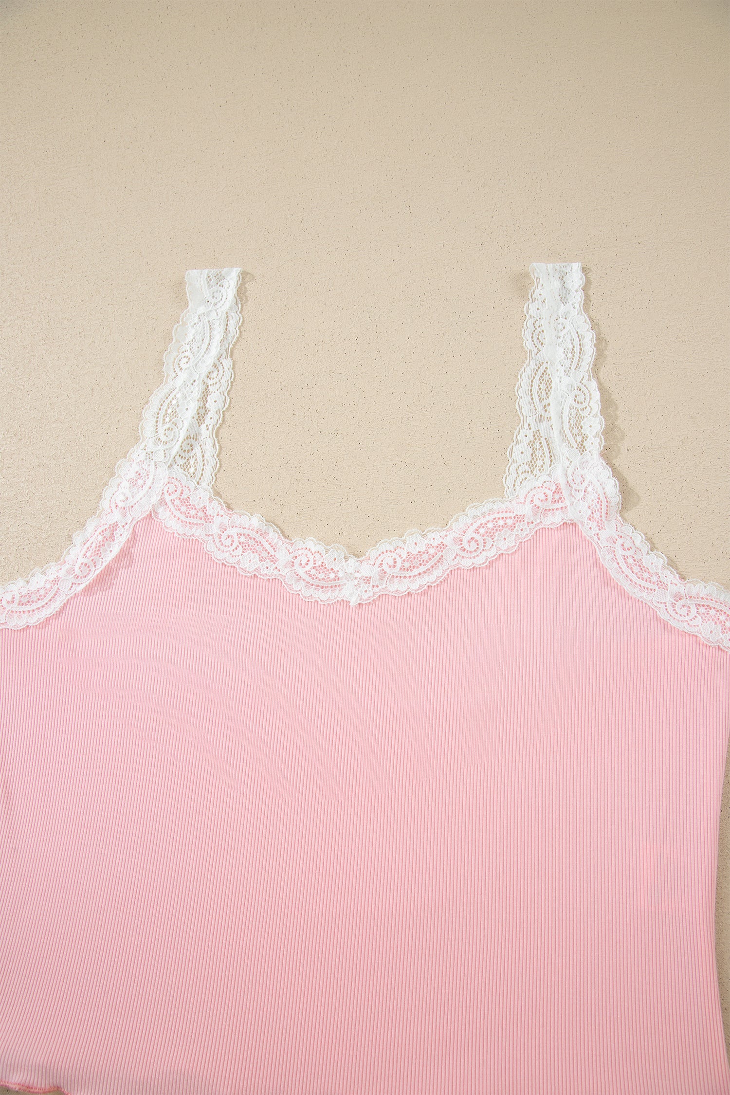 Pink Ribbed Knit Lace Straps Patchwork Lettuce Hem Cropped Top Floral Short Lounge Set-Loungewear & Sleepwear/Loungewear-[Adult]-[Female]-2022 Online Blue Zone Planet